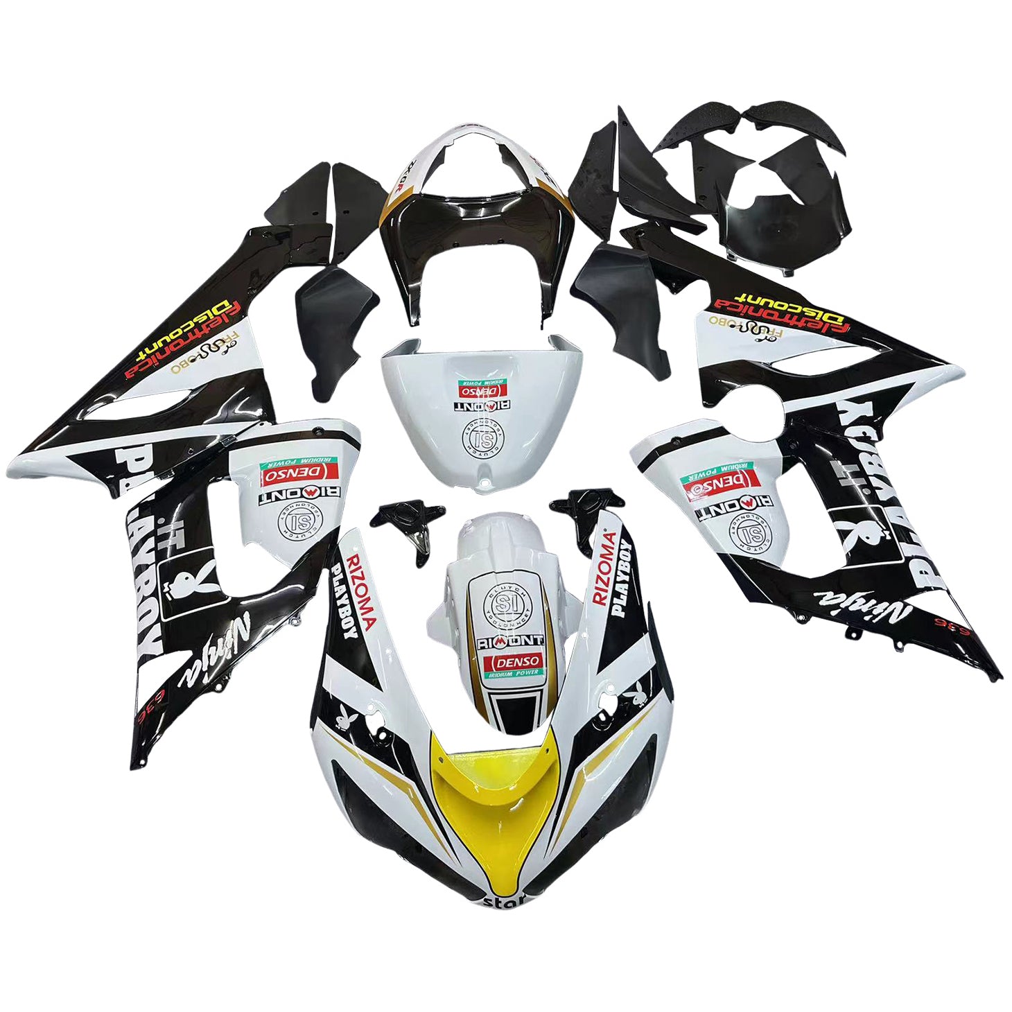 2005-2006 Kawasaki ZX6R 636 Carénages Noir Blanc Jaune Playboy Racing Générique