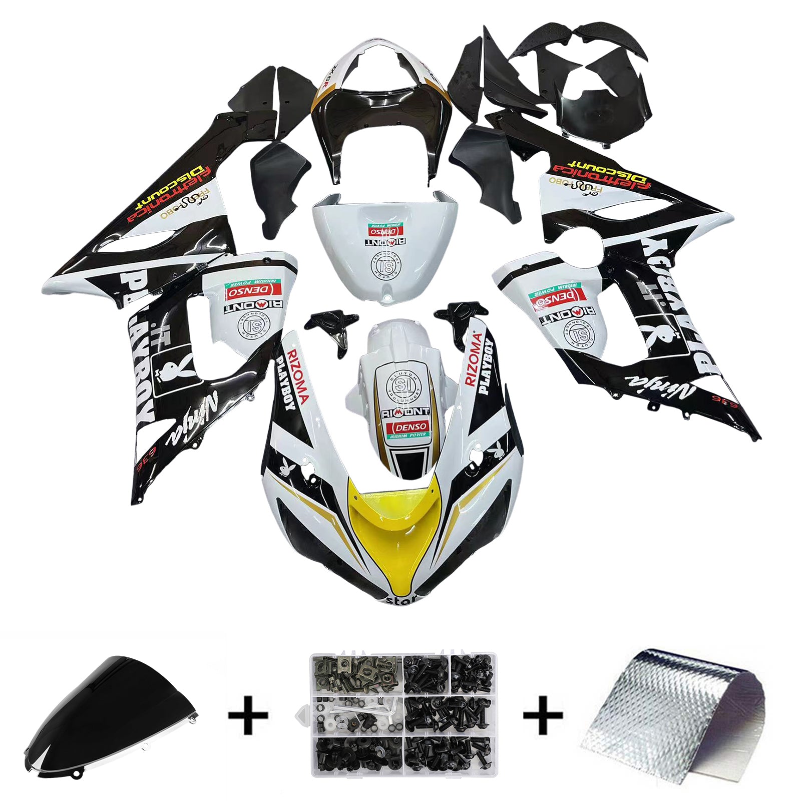 2005-2006 Kawasaki ZX6R 636 Carénages Noir Blanc Jaune Playboy Racing Générique