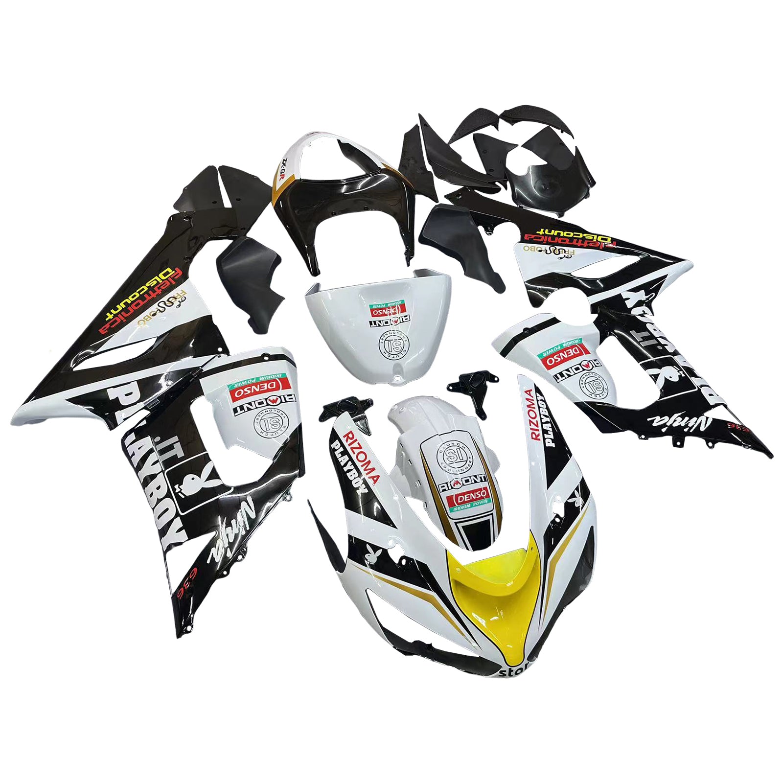 2005-2006 Kawasaki ZX6R 636 Fairings Black White Yellow Playboy Racing Generic