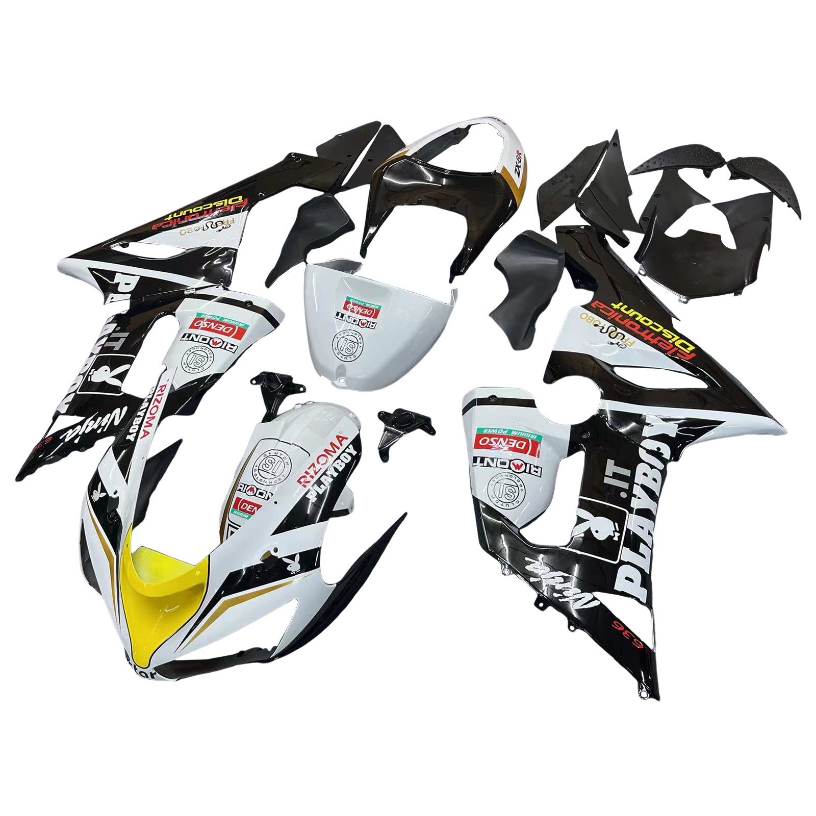 2005-2006 Kawasaki ZX6R 636 Fairings Black White Yellow Playboy Racing Generic