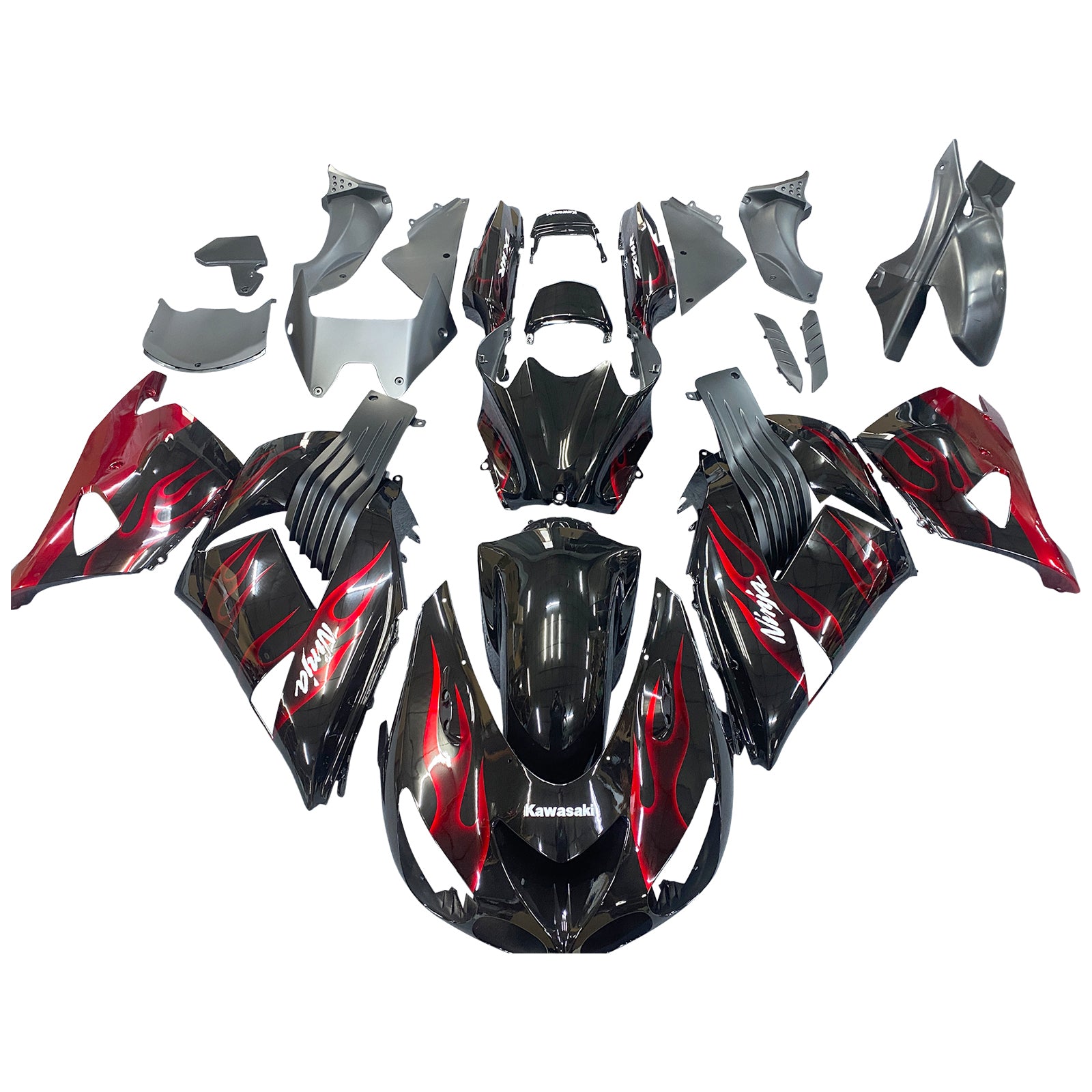 2006-2011 Ninja ZX14R Black & Red Flame Bodywork Fairing ABS Sprøytestøpt plastsett 2# Generisk