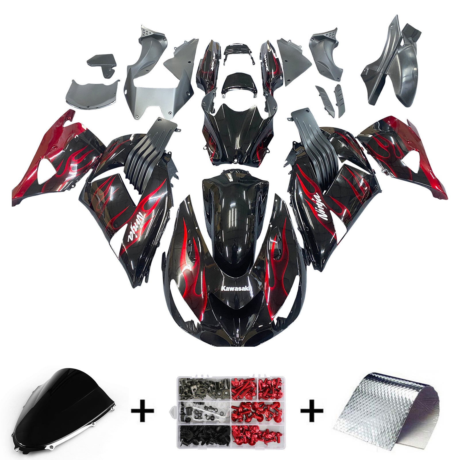 2006-2011 Ninja ZX14R Black & Red Flame Bodywork Fairing ABS Sprøytestøpt plastsett 2# Generisk