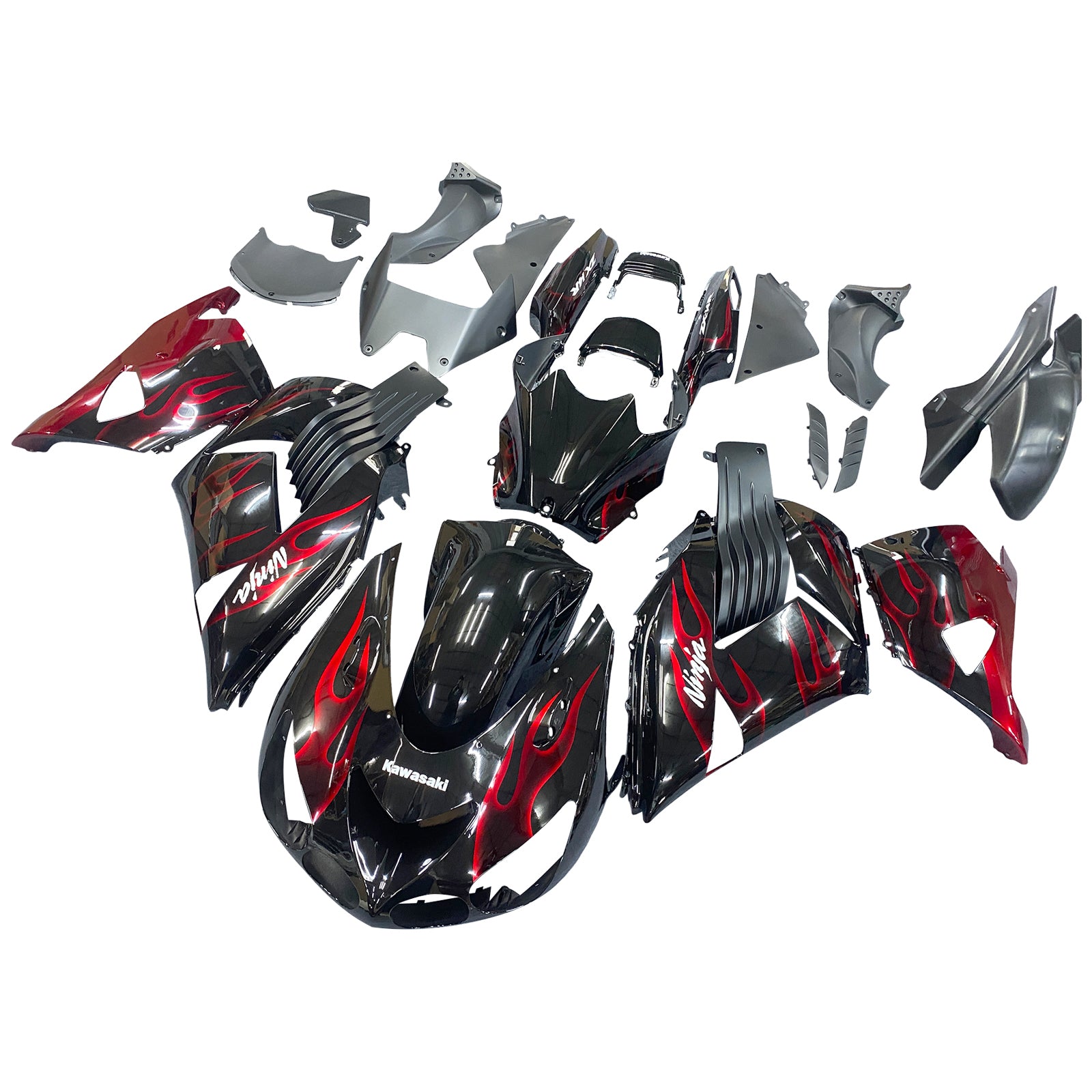 2006-2011 Ninja ZX14R Black & Red Flame Bodywork Fairing ABS Injection Molded Plastics Set 2# Generic