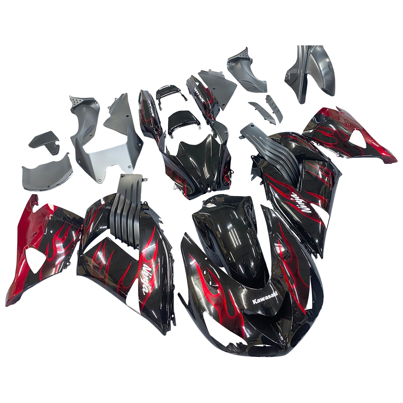 2006-2011 Ninja ZX14R Black & Red Flame Bodywork Fairing ABS Injection Molded Plastics Set 2# Generic