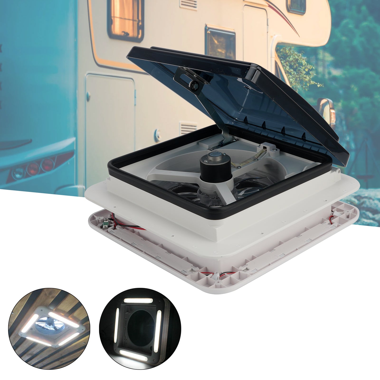 11" RV Caravan Roof Vent 3-Speed Motor RV Fan 12V Skylight With LED Light