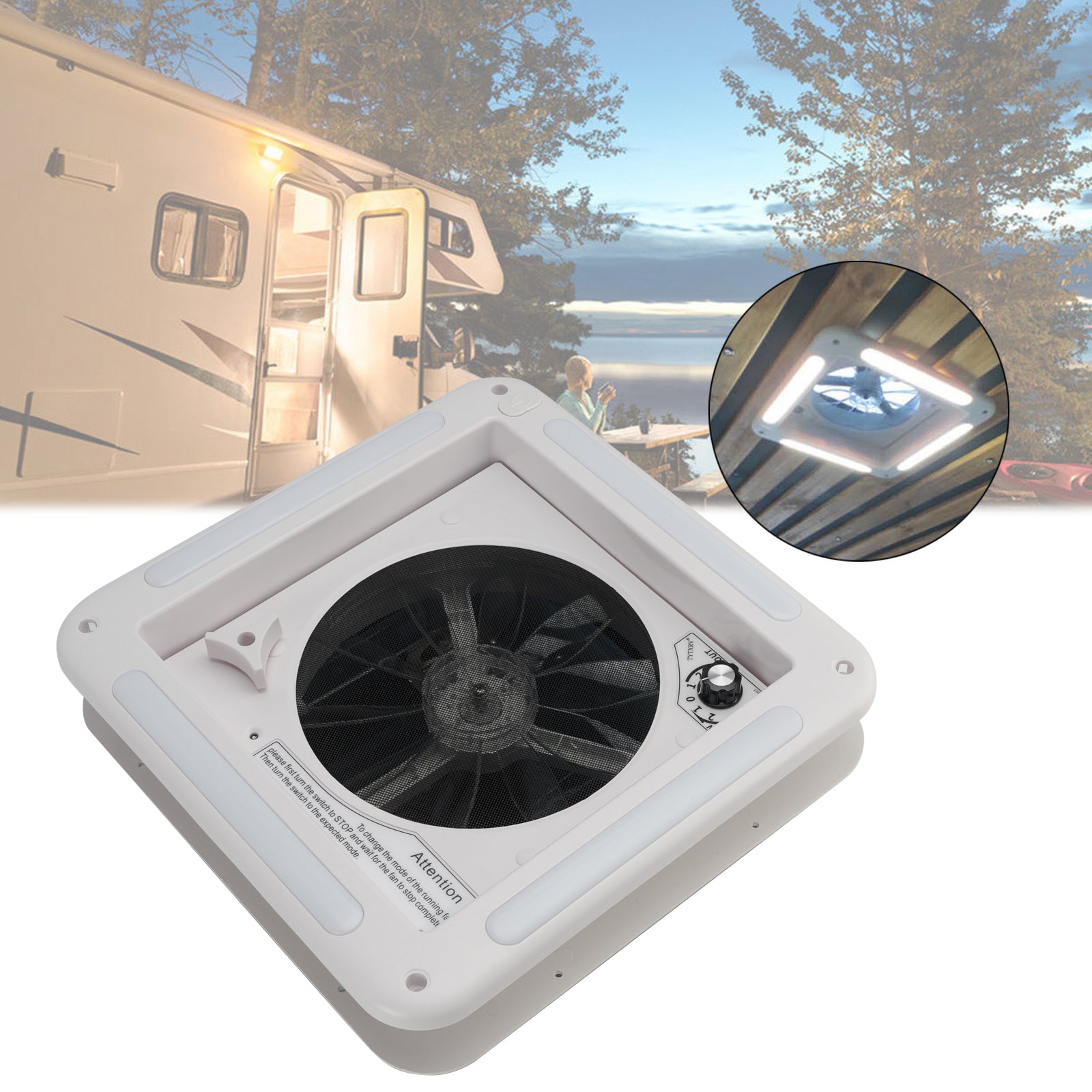 11" RV Caravan Roof Vent 3-Speed Motor RV Fan 12V Skylight With LED Light