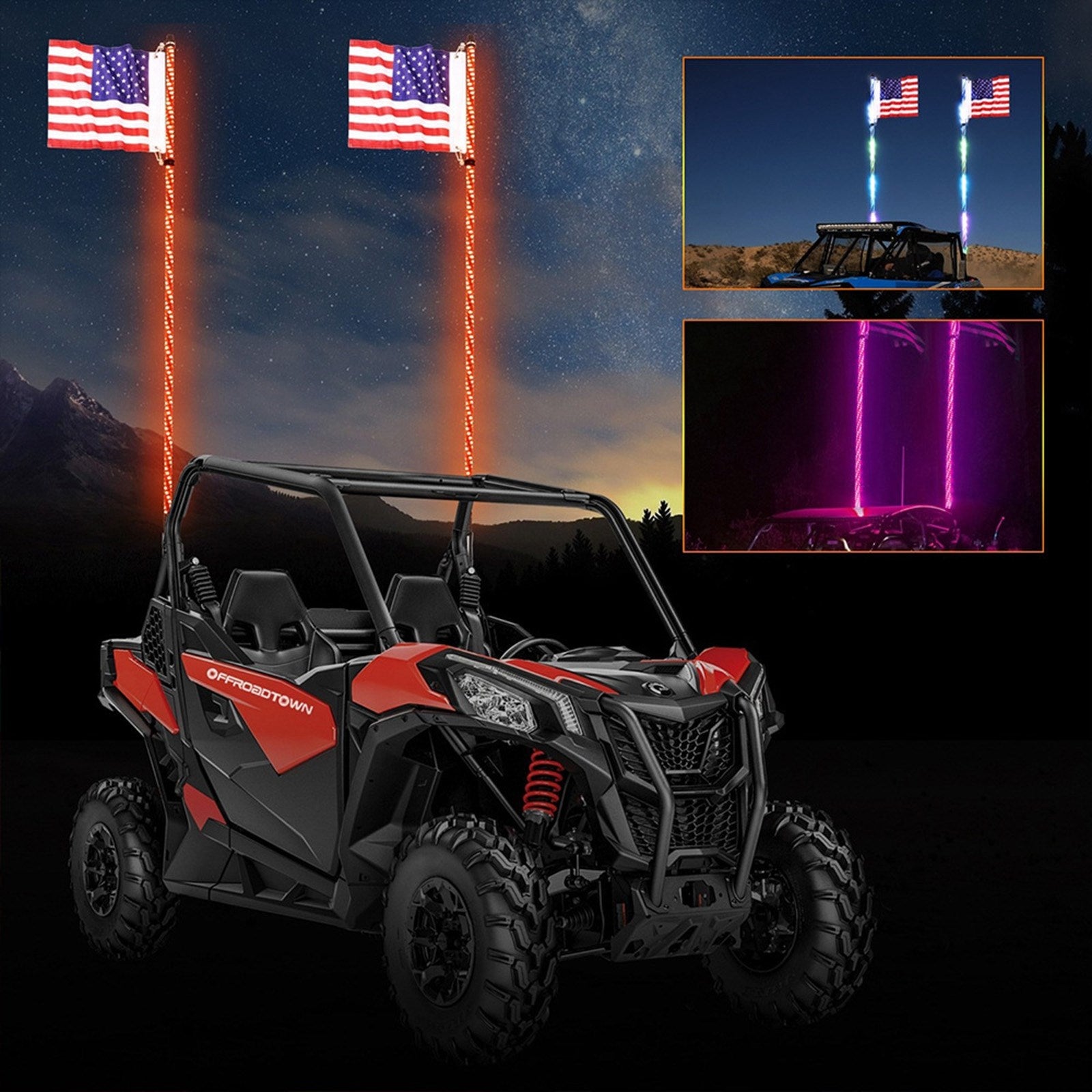 2X 3ft RGB LED Whip Lights Antenna W/ Flag Remote Control For Polaris RZR UTV ATV