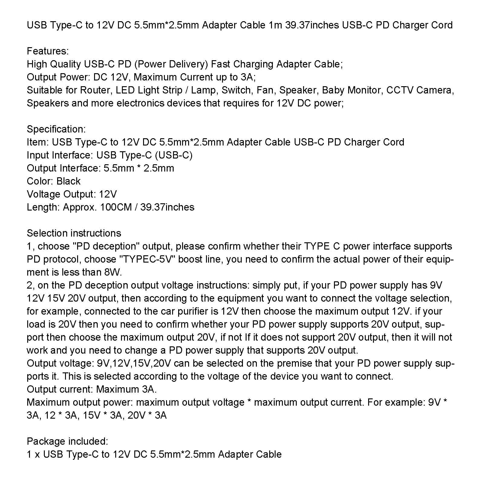 USB to 9/12/15V Volt Adapter 5.5mm*2.5mm 1m 39.37inches PD Charger Cord Cable