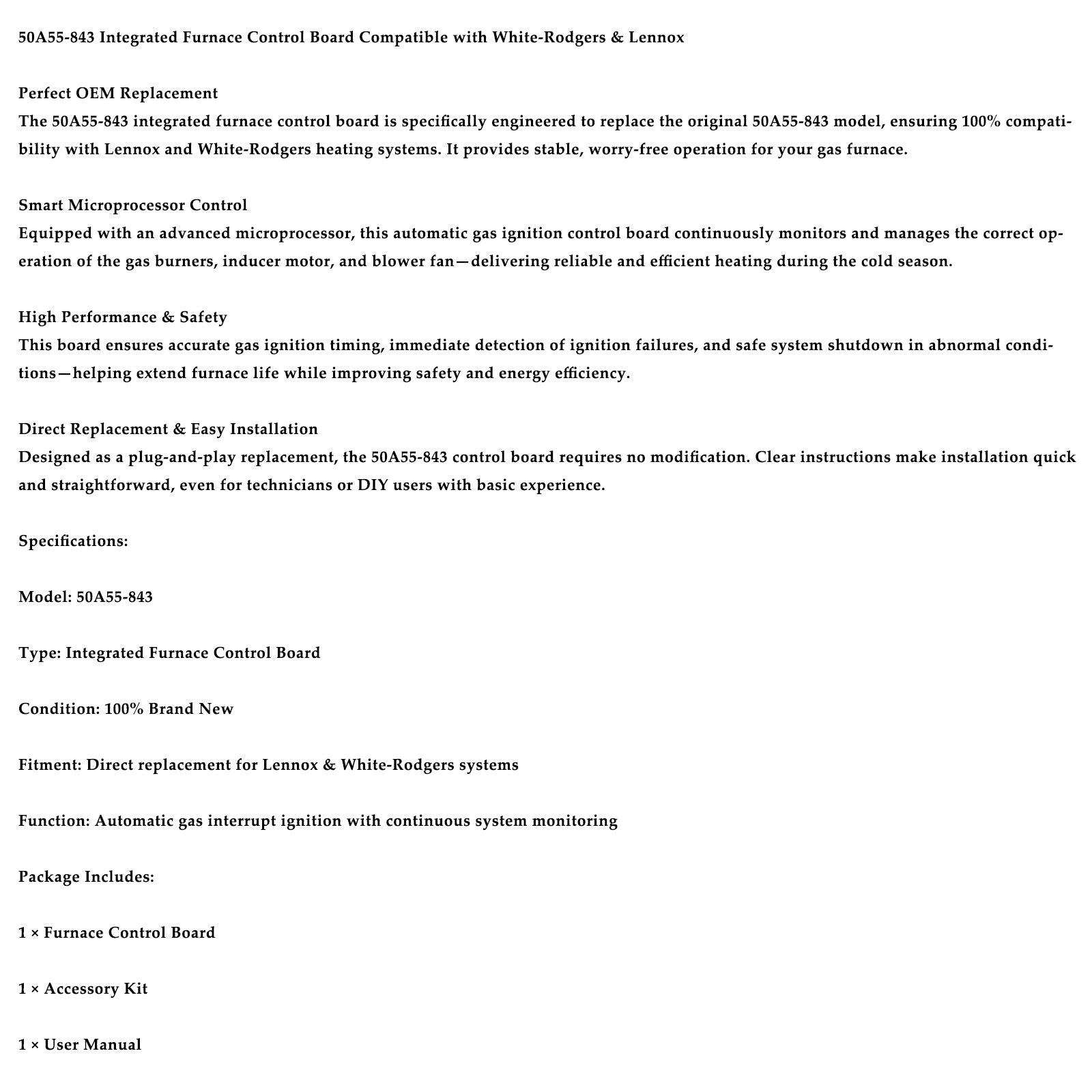 50A55-843 Furnace Control Circuit Board Replacement for White Rodgers