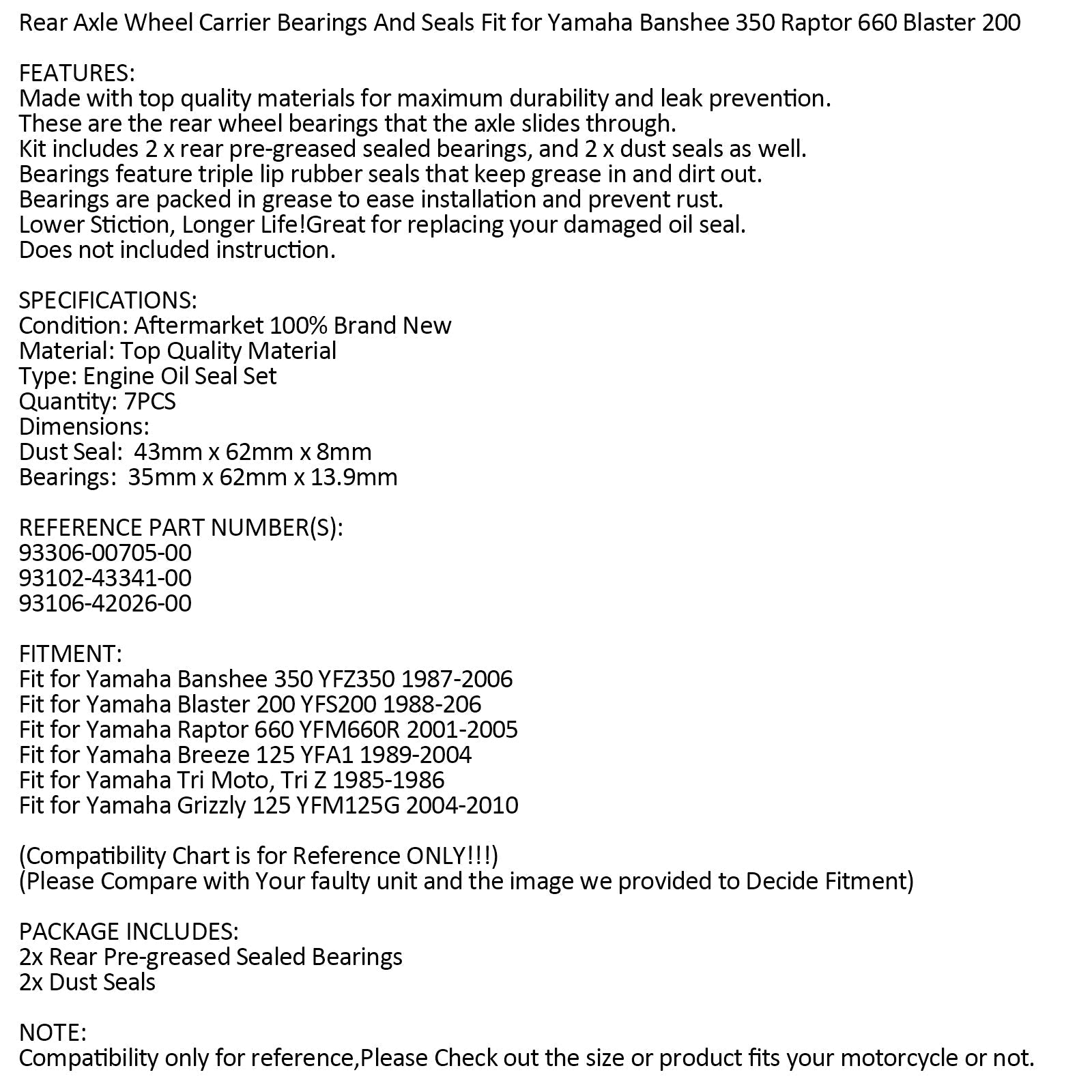 1985-1986 Yamaha Tri Moto, Tri Z Roue d'essieu Roulements + joints 93306-00705-00 93102-43341-00