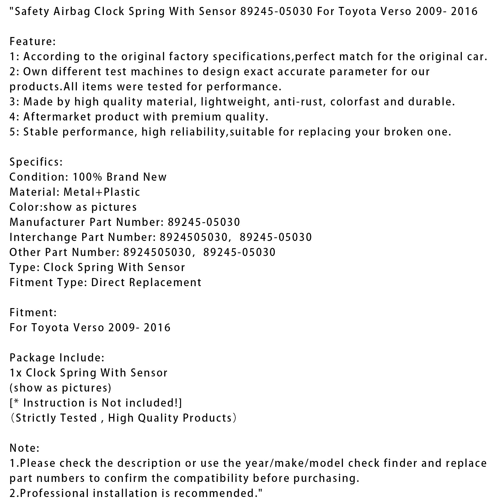 Safety Airbag Clock Spring With Sensor 89245-05030 For Toyota Verso 2009- 2016