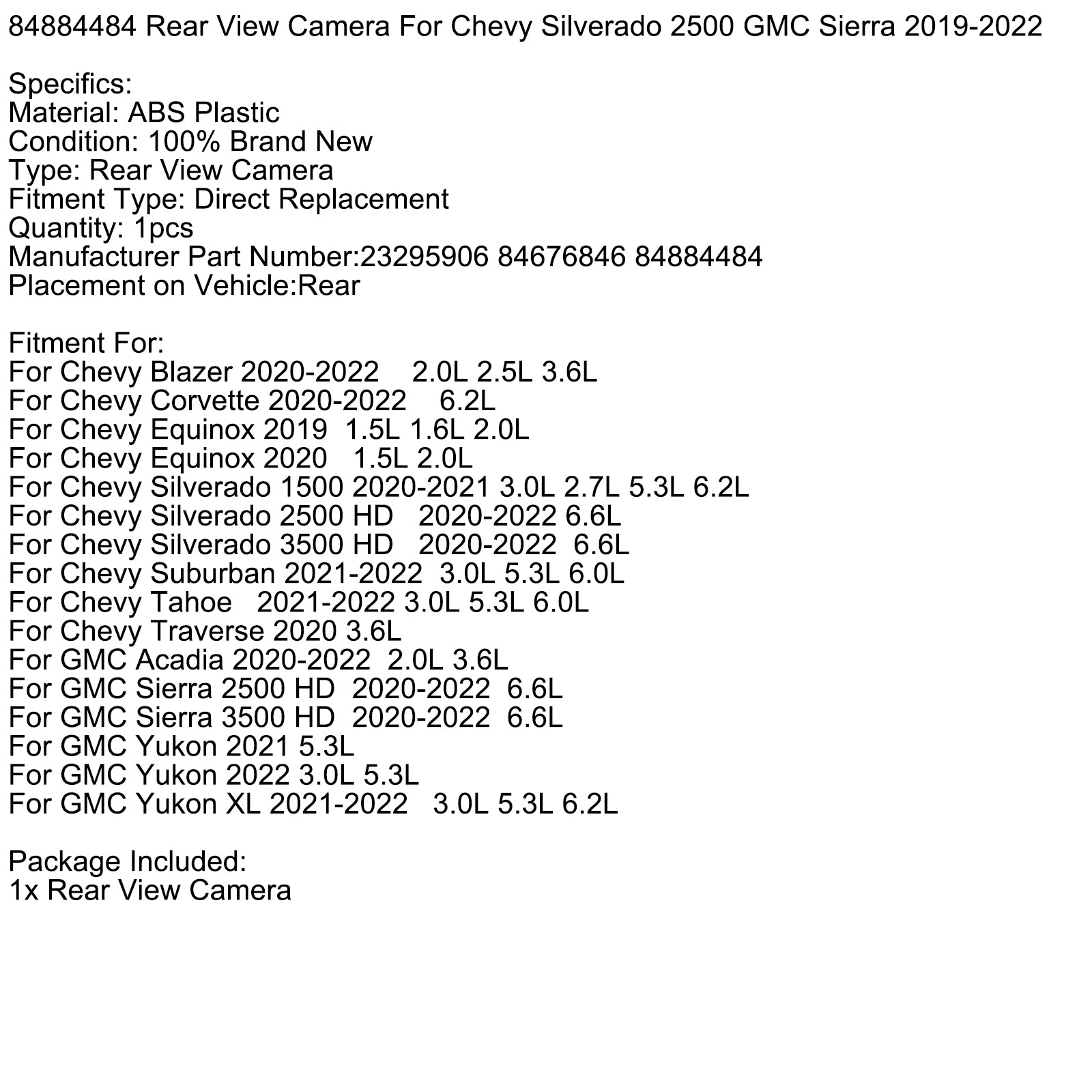 84884484 Bakre kamera for Chevy Silverado 2500 GMC Sierra 2019-2022