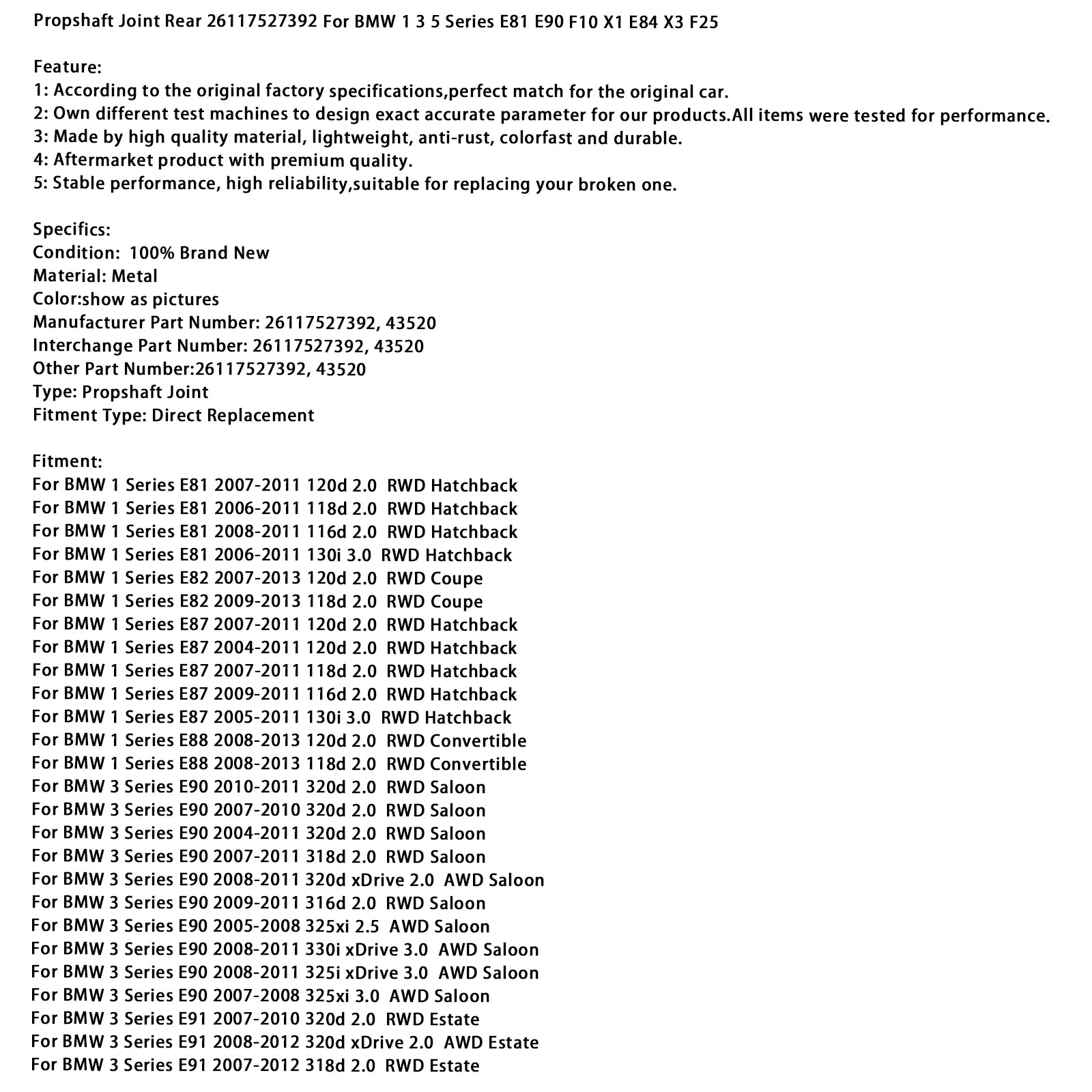 Junta de árbol de transmisión trasera 26117527392 para BMW 1 3 5 Series E81 E90 F10 X1 E84 X3 F25