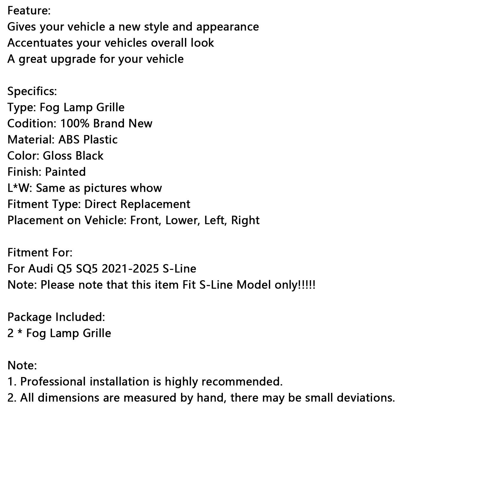 2021-2025 Audi Q5 SQ5 S-Line RSQ5 Style Front Fog Lampe Couverture Black