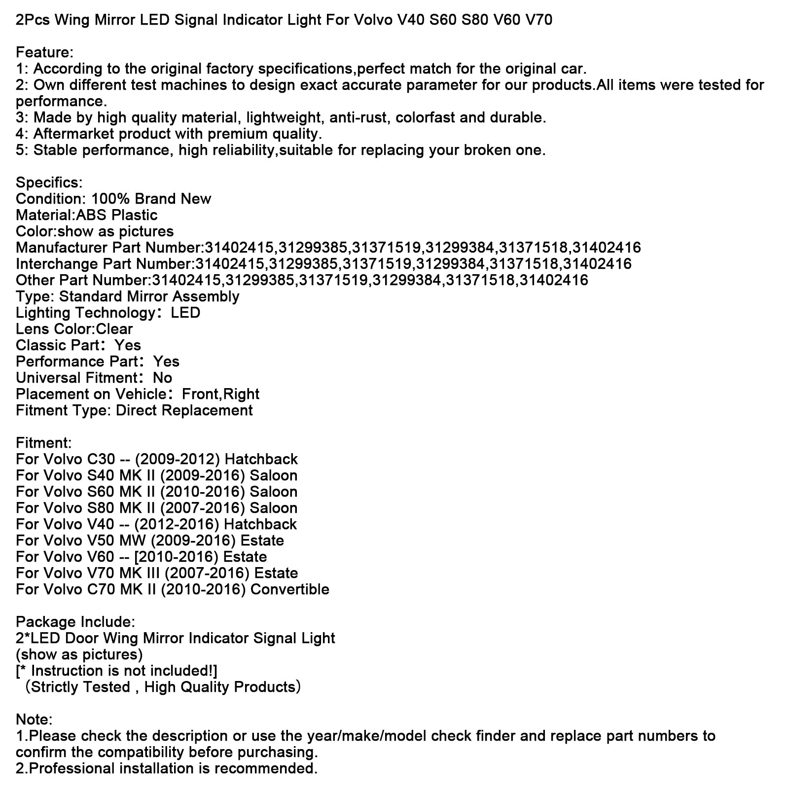 2Pcs Wing Mirror LED Signal Indicator Light For Volvo V40 S60 S80 V60 V70