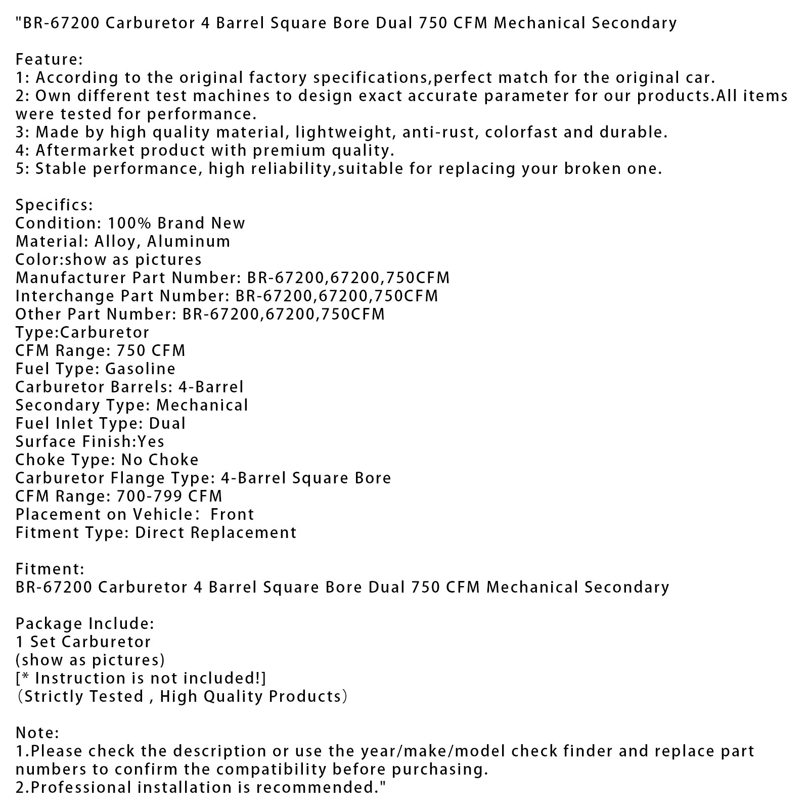 BR-67200 Carburetor 4 Barrel Square Bore Dual 750 CFM Mechanical Secondary
