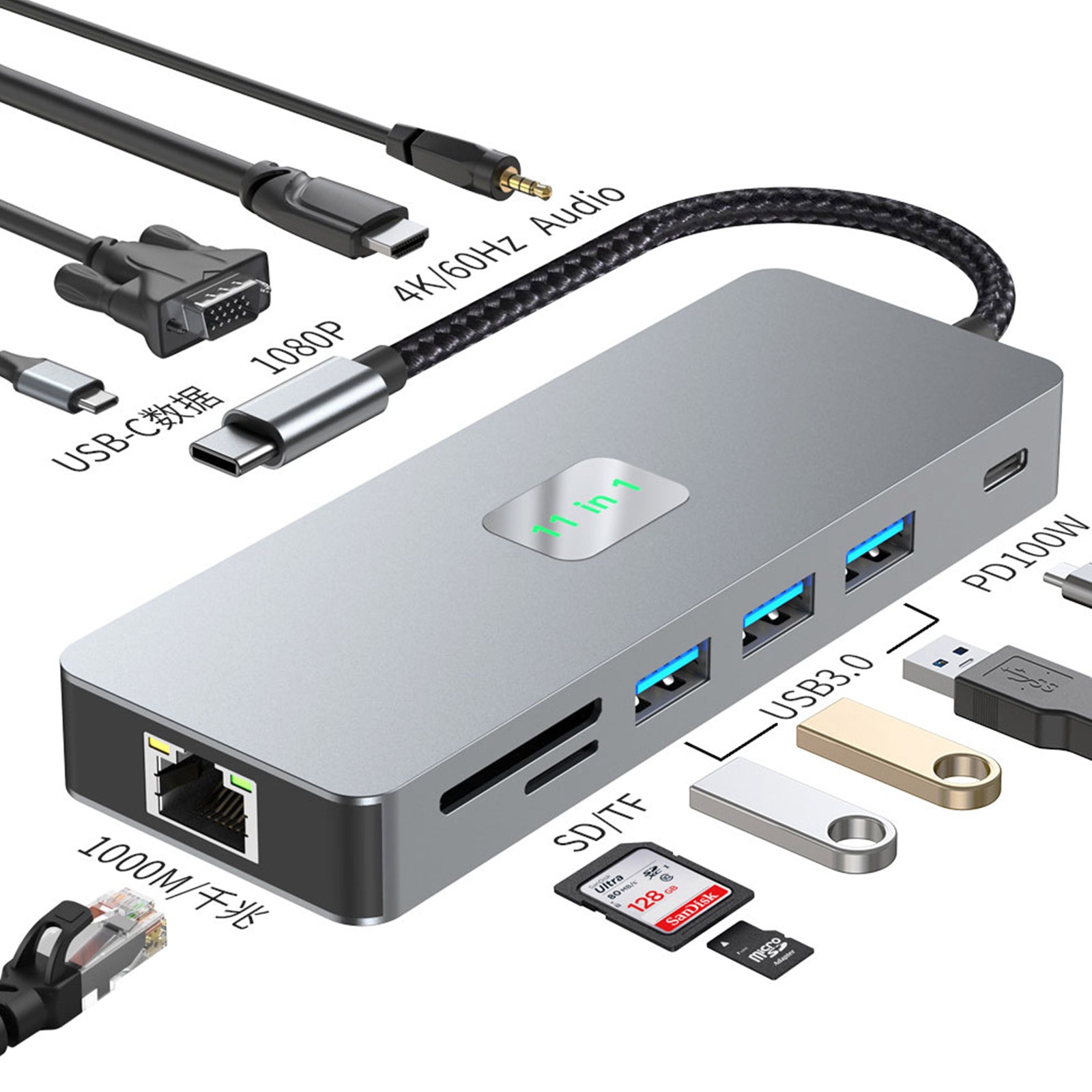 11 en 1 TYPE-C vers RJ45 Gigabit USB3.0 HDMI VGA Audio USB-C données SD/TF PD100W