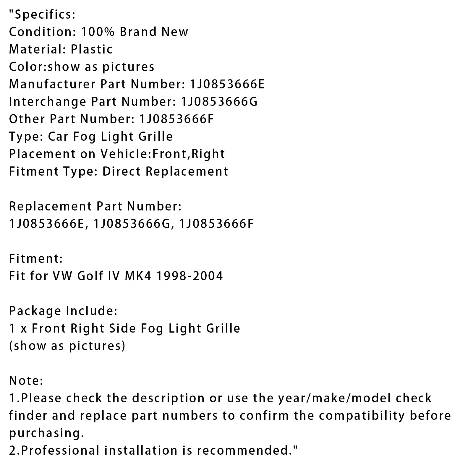 1998-2004 VW Golf IV MK4 Front Right Side Bumper Grille Fog Light Grill 1J0853666E 1J0853666G