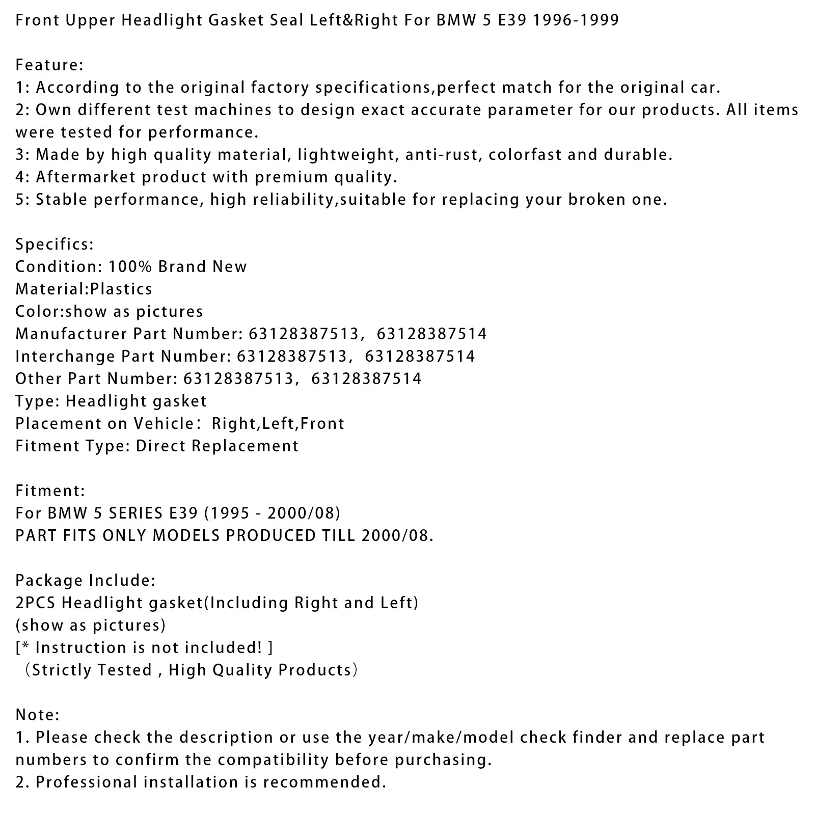 1996-1999 BMW 5 E39 Front Upper Headlight Gasket Seal Left&Right