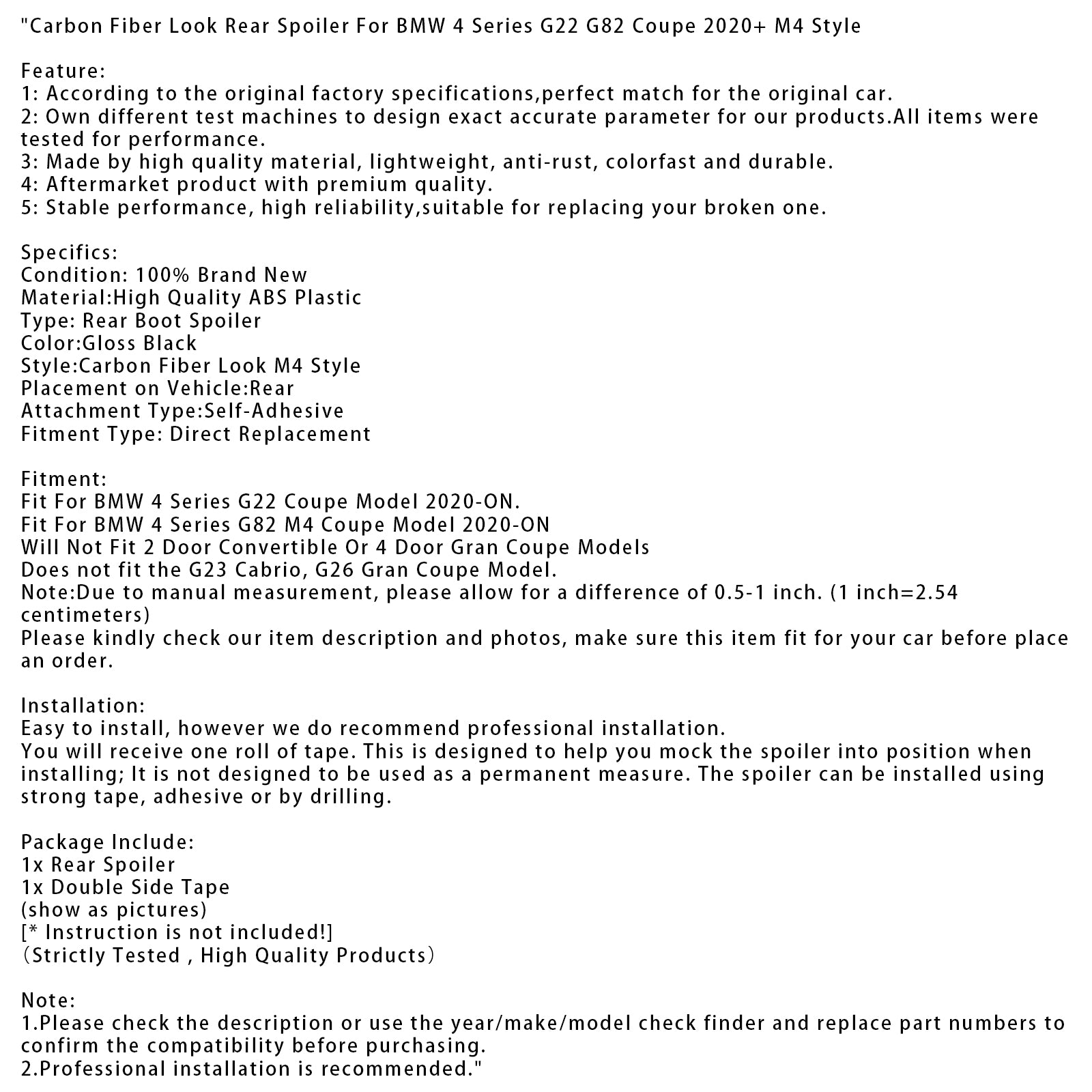 Carbon Fiber Look Rear Spoiler For BMW 4 Series G22 G82 Coupe 2020+ M4 Style