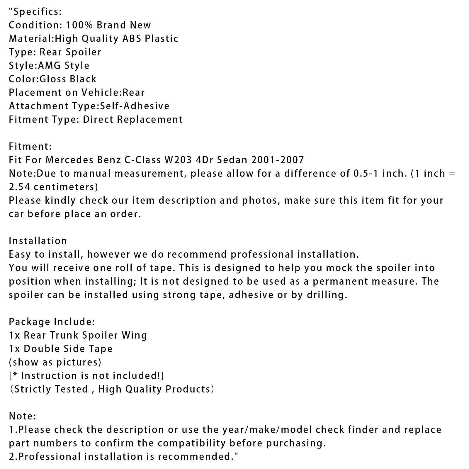 Mercedes-Benz Classe C 2001-2007 W203 Aileron arrière noir brillant style berline AMG