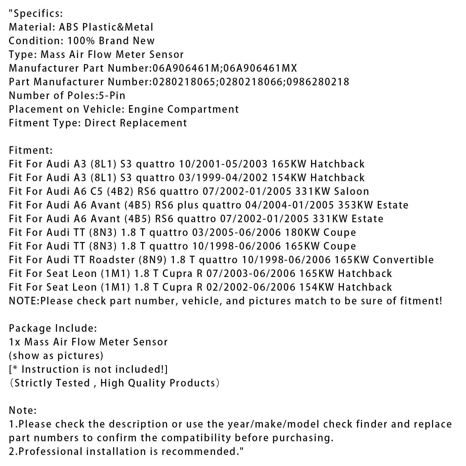 Capteur de débit d'air de masse pour Audi TT RS6 Avant Leon 0280218065