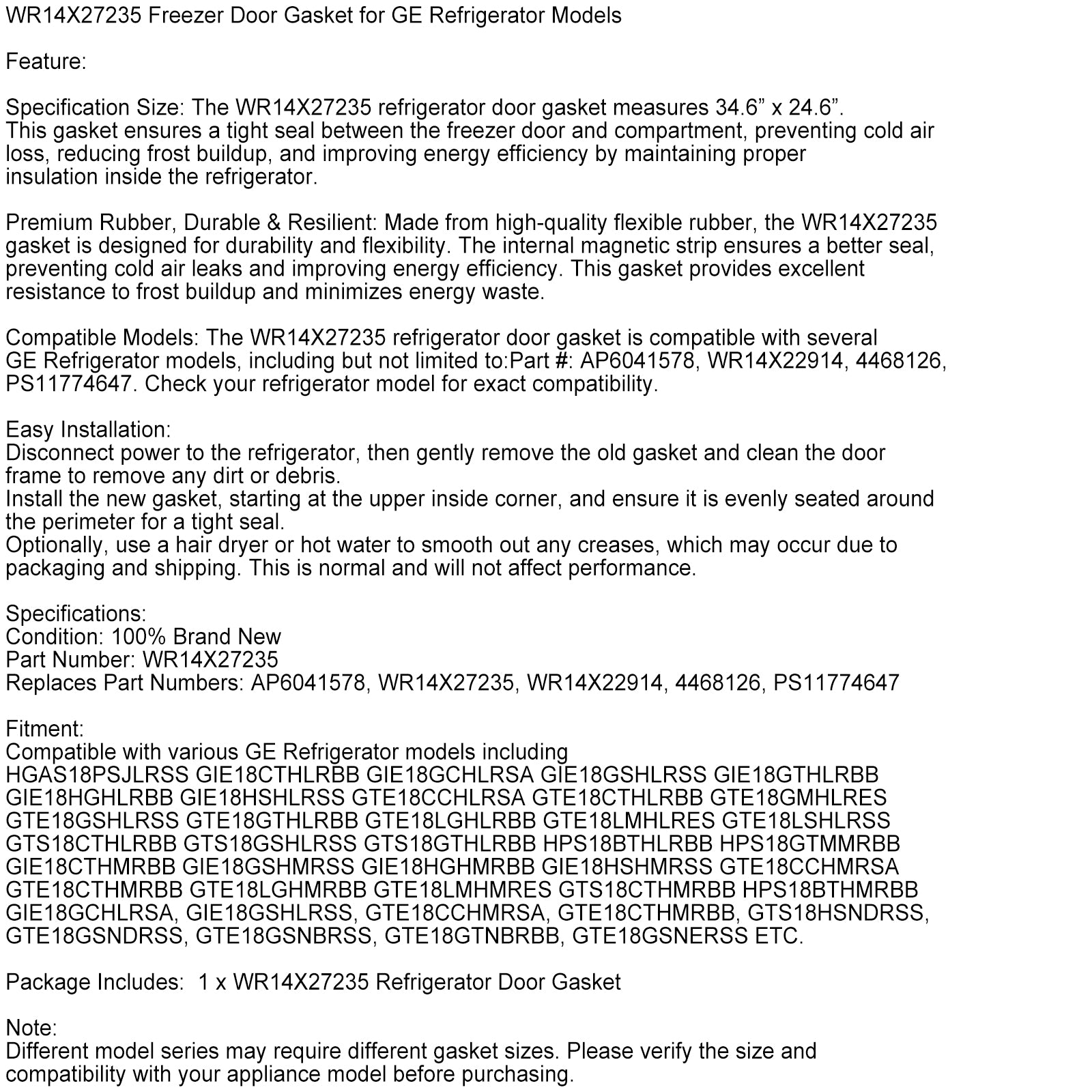 WR14X27235 Freezer  Door Gasket for GE Refrigerator Models AP6041578 PS11774647