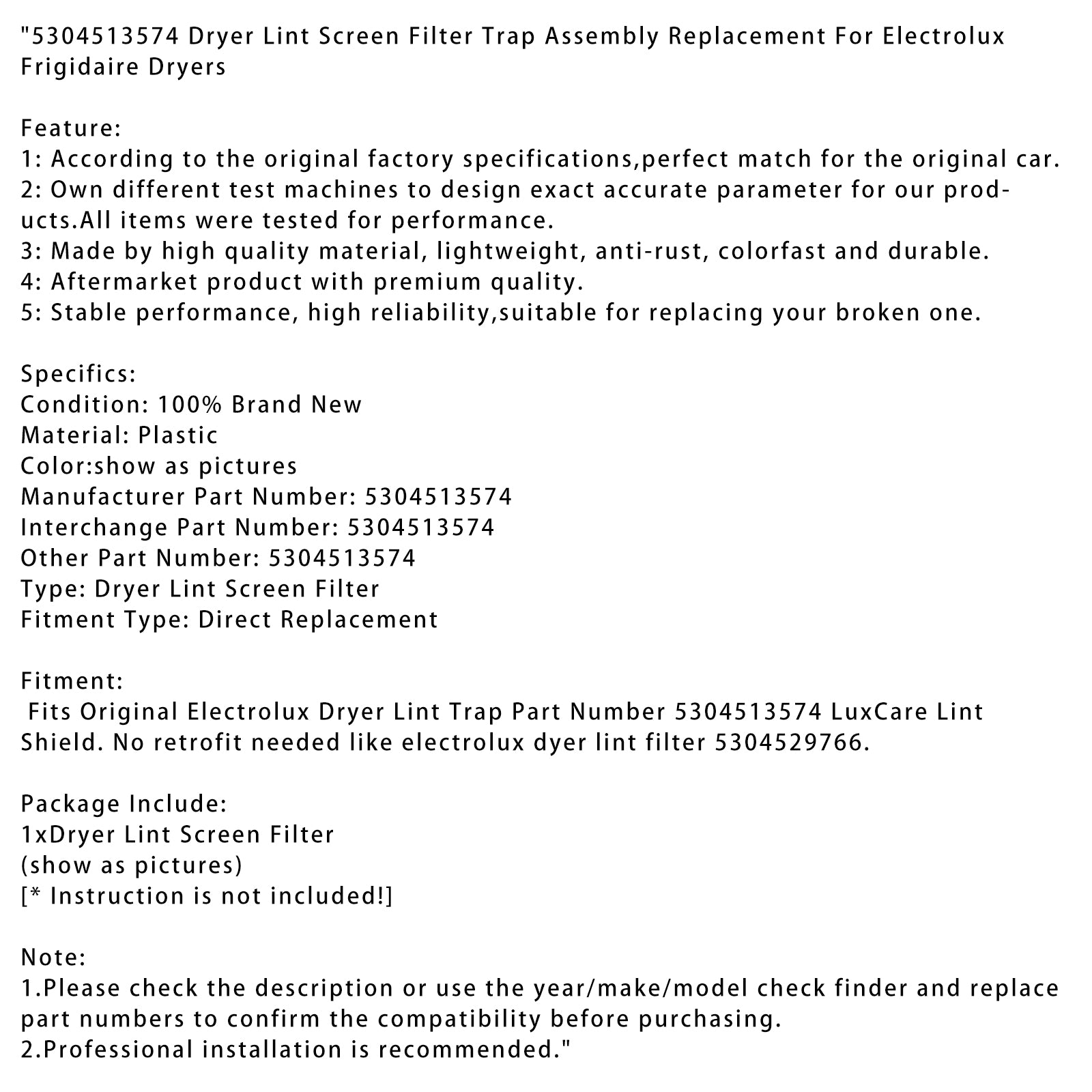 Droger Pluisfilterfilter voor Electrolux Frigidaire drogers 5304513574