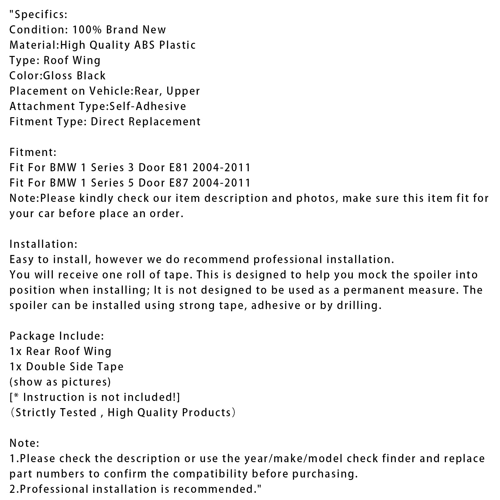 2004-2011 BMW 1 Series E81 E87 Gloss Black Rear Roof Spoiler Trunk Wing