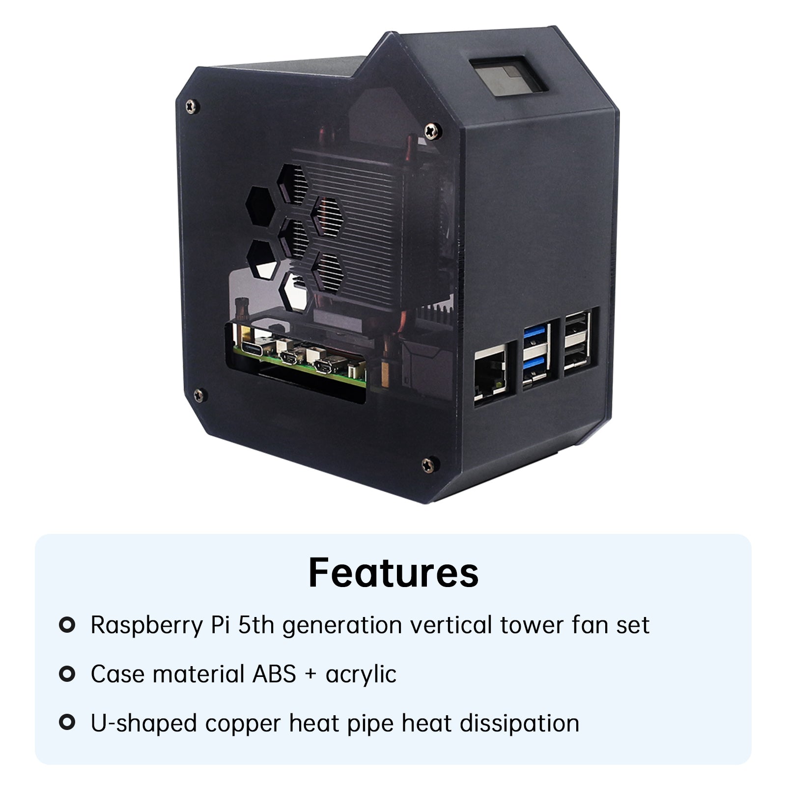 Raspberry Pi 5 verticale torenventilatorset met 0,96 inch OLED-schermradiatorbehuizing