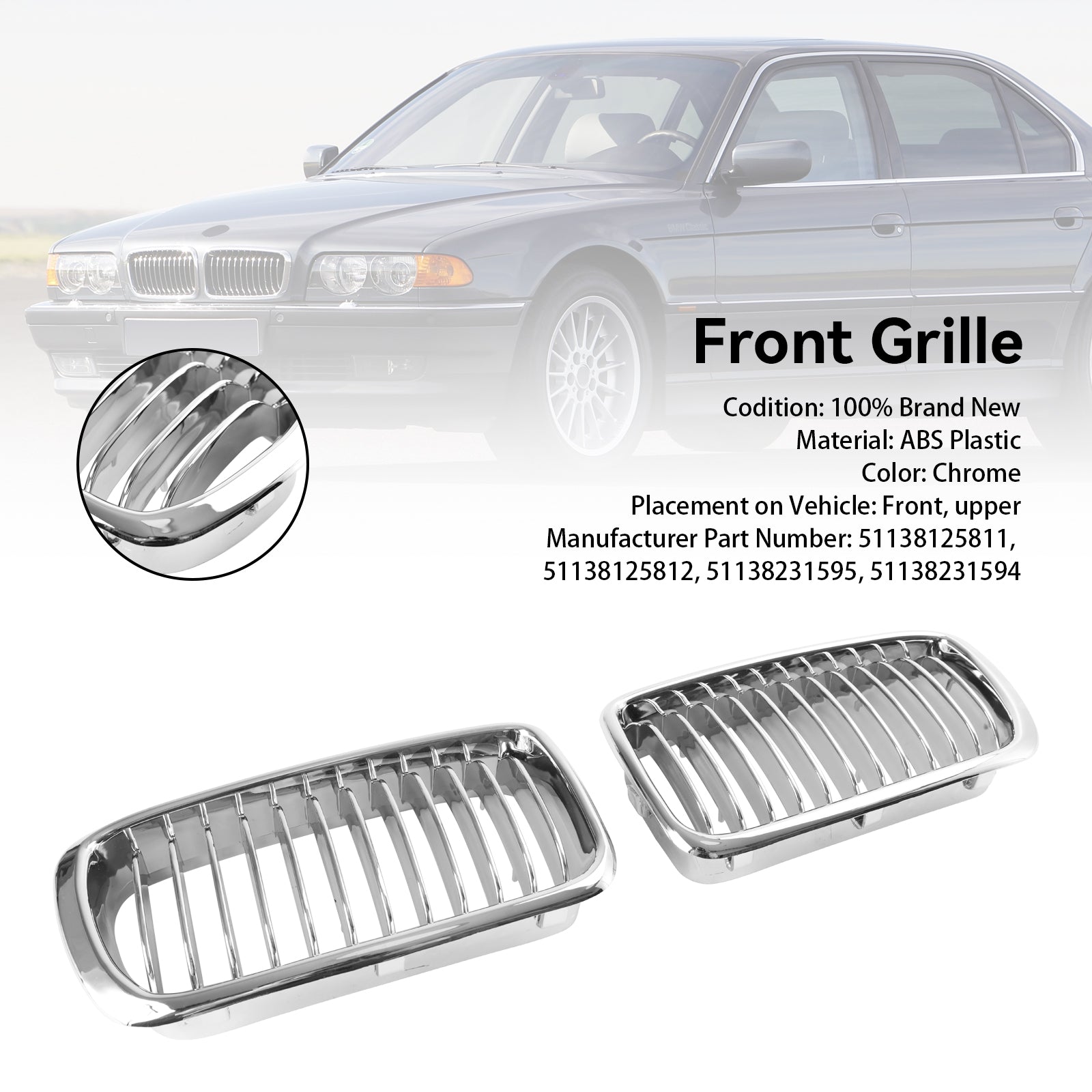 1994-2001 BMW 7 Series E38 Chrome Front Kidney Grill Grille 2PCS