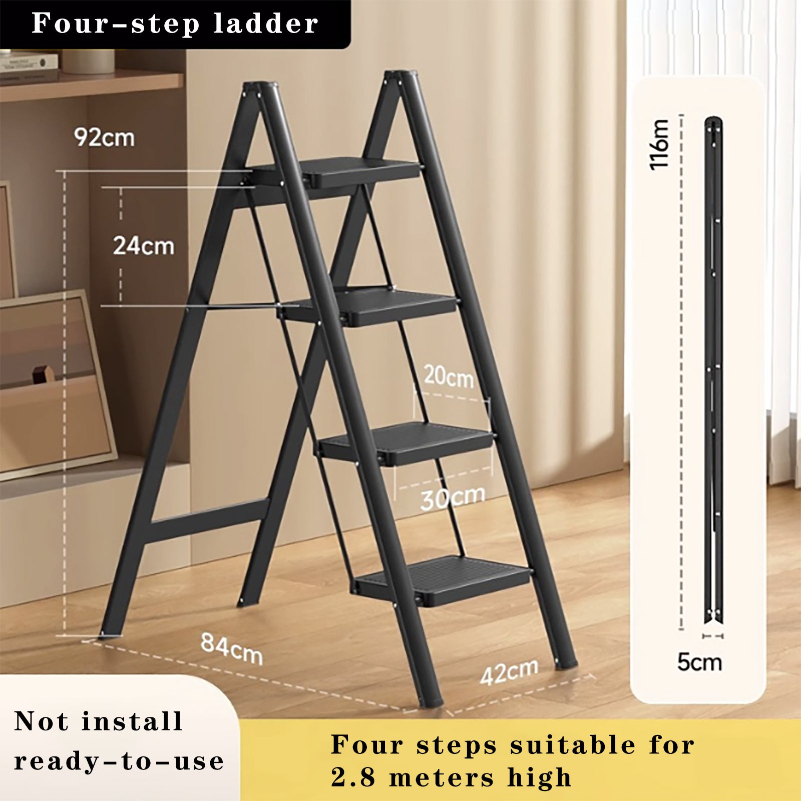 Stepladder, 4 Tiers, Foldable, Aluminum, Wide, Lightweight, Compact, Ladder