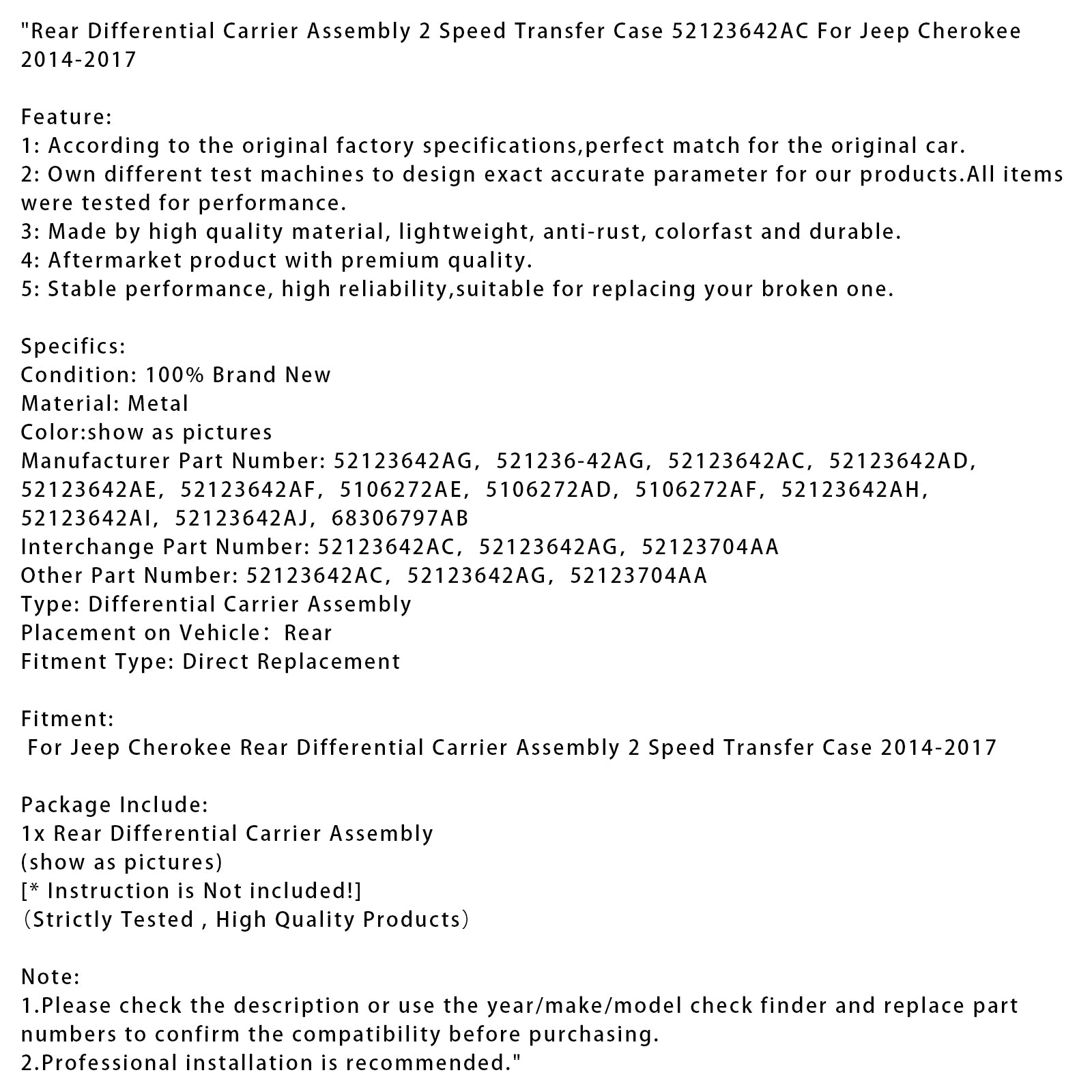 2014-2017 Jeep Cherokee Rear Differential Carrier 2 Speed Transfer Case