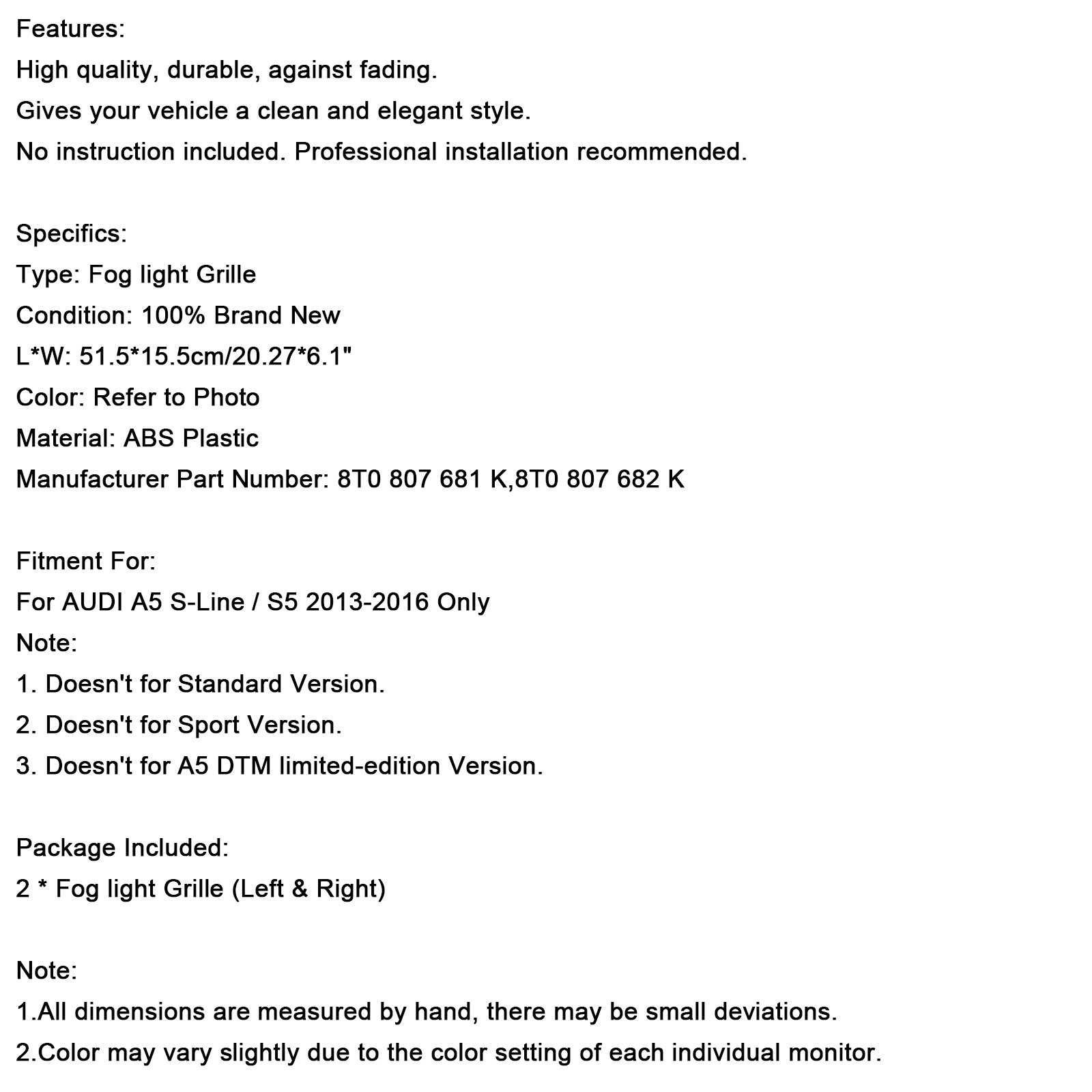 2013-2016 Audi A5 S-Line S5 2KS predná hmlová lampa čierna mriežka gril
