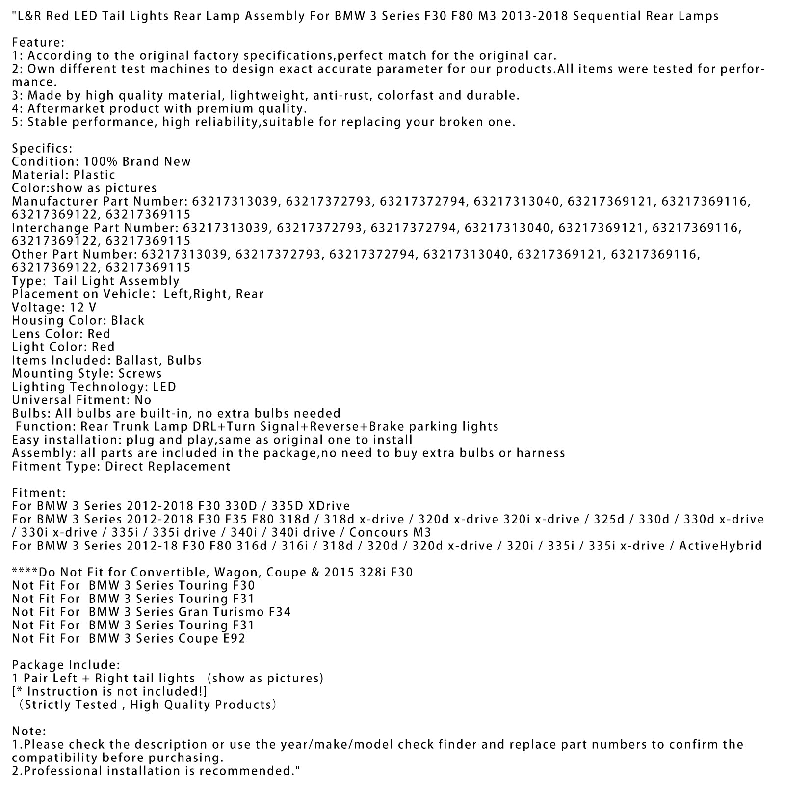 BMW Série 3 F30 330D/335D XDrive L 2012-2018&Ensemble de feux arrière à LED rouges R 63217313039 63217372793