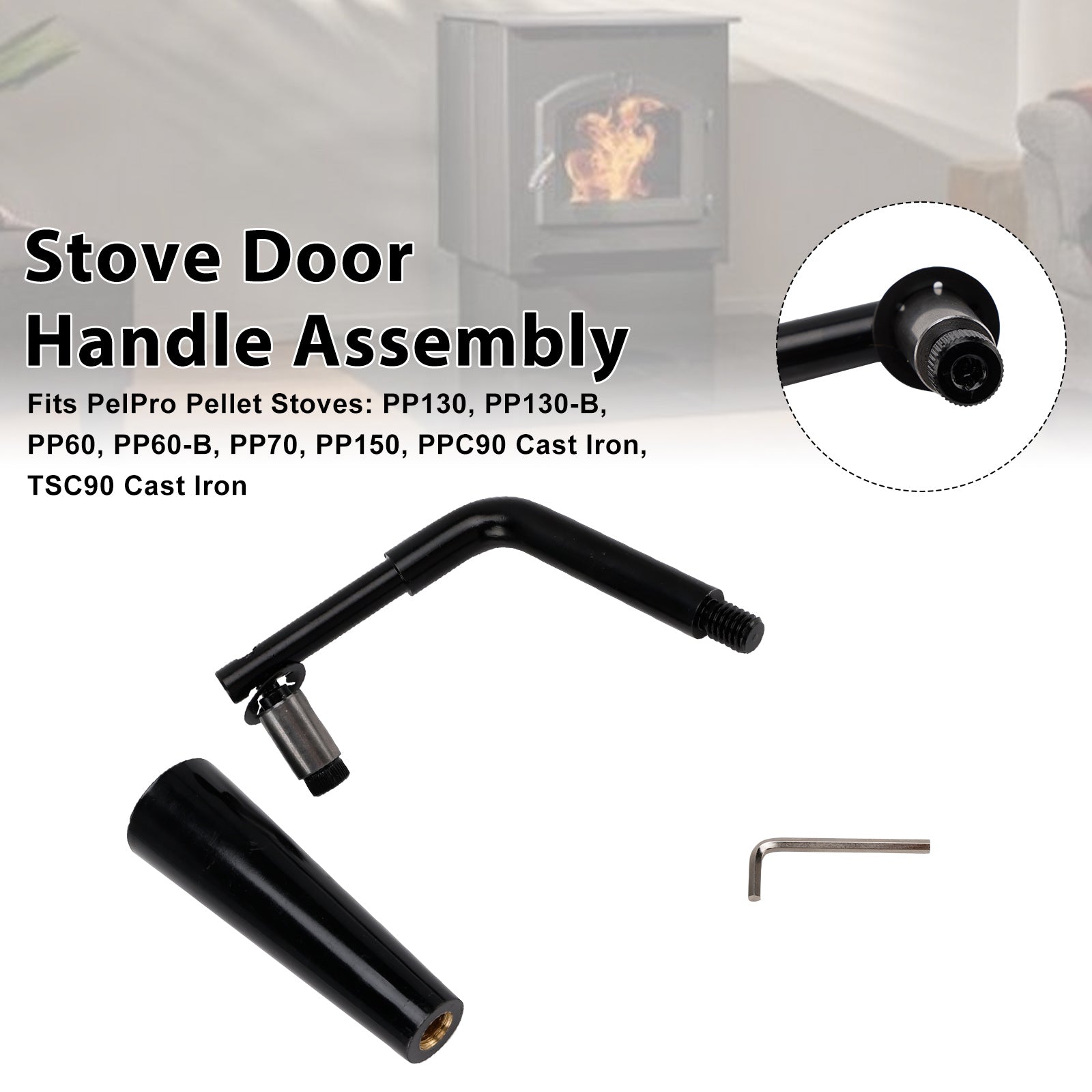 Quadra-Fire Stoves Outfitter-I/II Threaded Door Handle Assembly for PelPro Stoves PP60 PP70 PP130 PP150 PPC90 TSC90 Pleasant Hearth Stoves PH35PS PH50CABPS PH50PS # SRV7093-024D