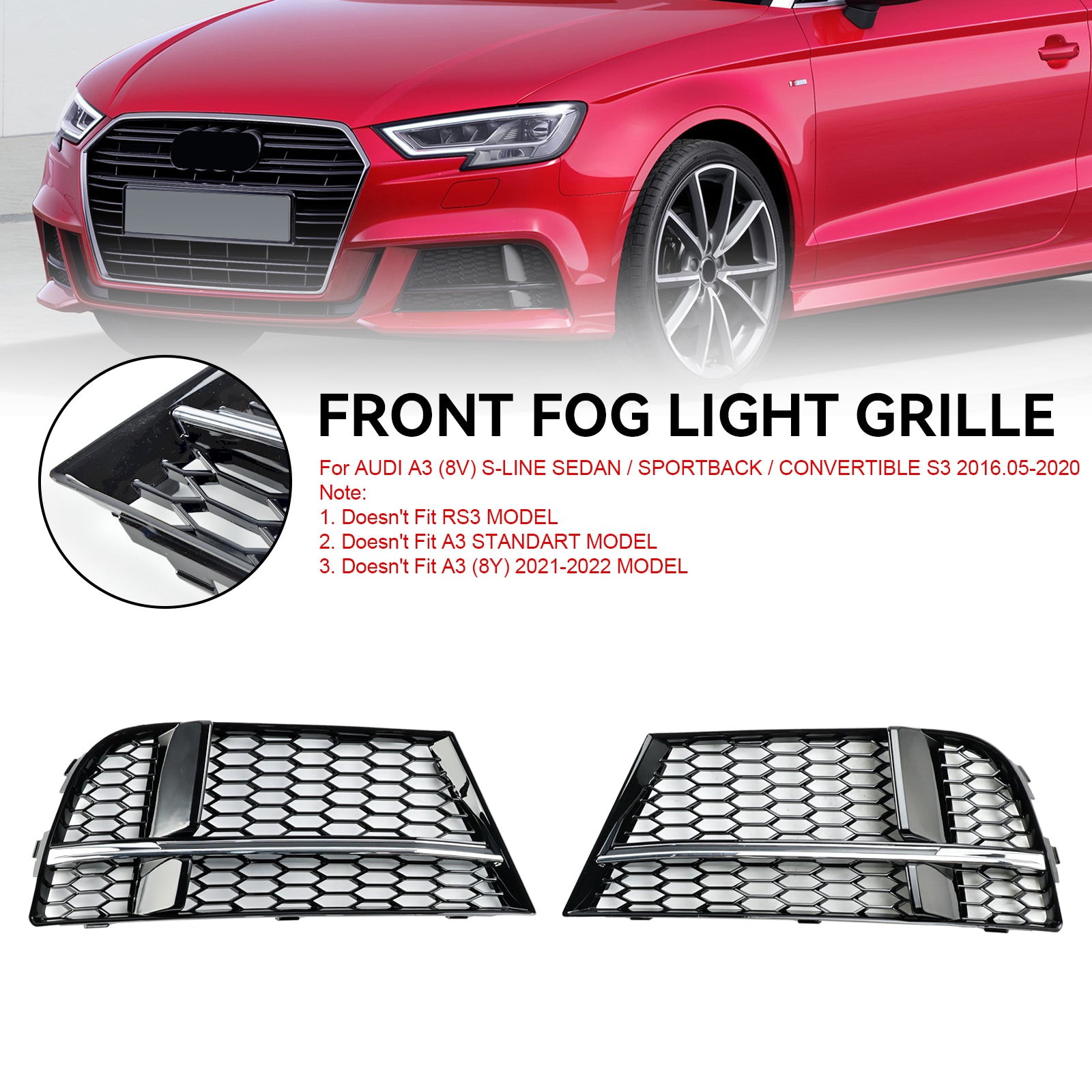 Front Fog Light Cover Bezel Grill Grille Fit AUDI A3 S-LINE 2017-2019 8V