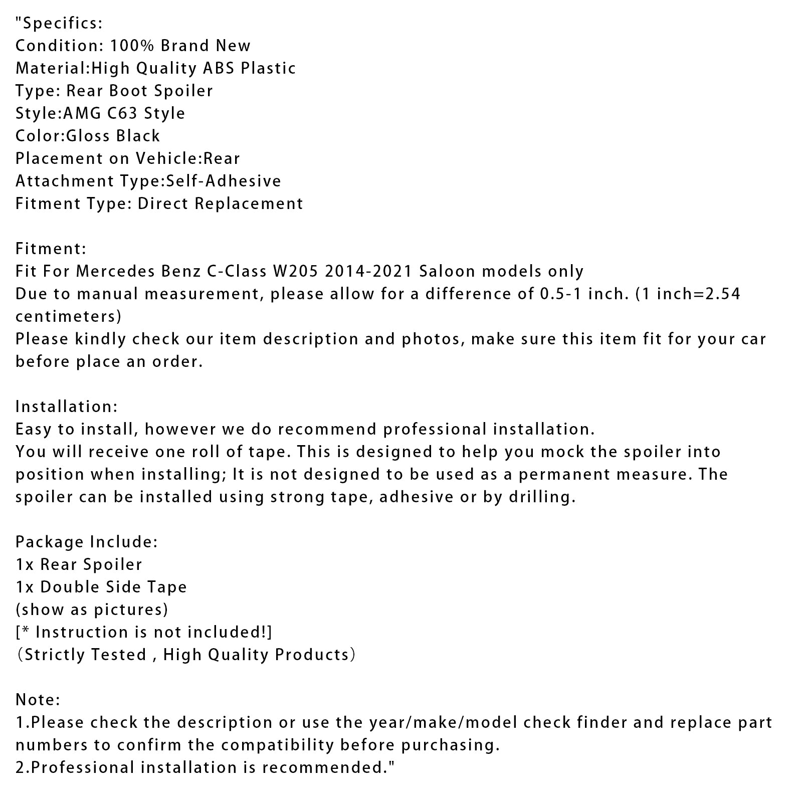 2014-2021 Mercedes-Benz C-Class W205 AMG C63 Style Gloss Black Rear Spoiler