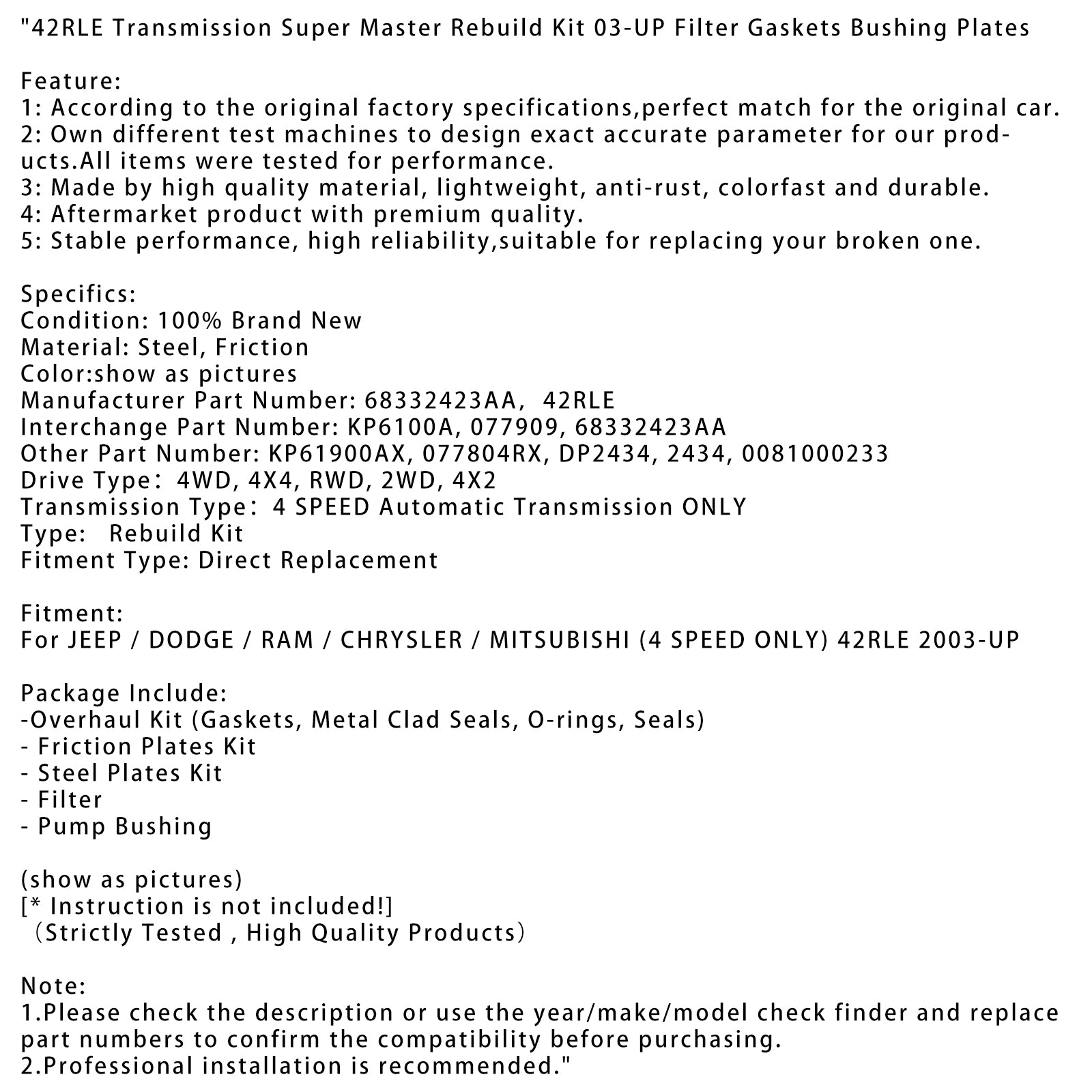 42RLE Transmission Super Master Rebuild Kit 03-UP Filter Gaskets Bushing Plates