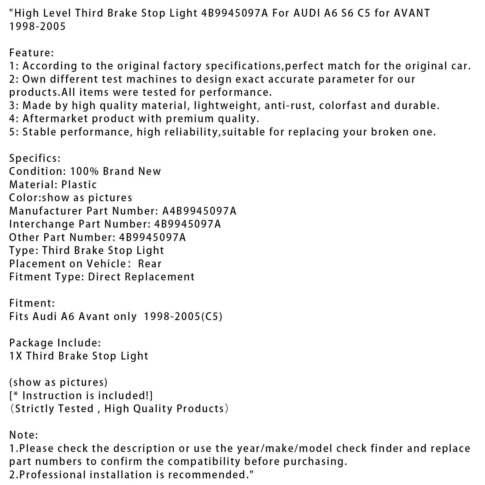 1998-2005 Audi A6 S6 C5 Avant High Level Tretia brzdová stopka 4B9945097a