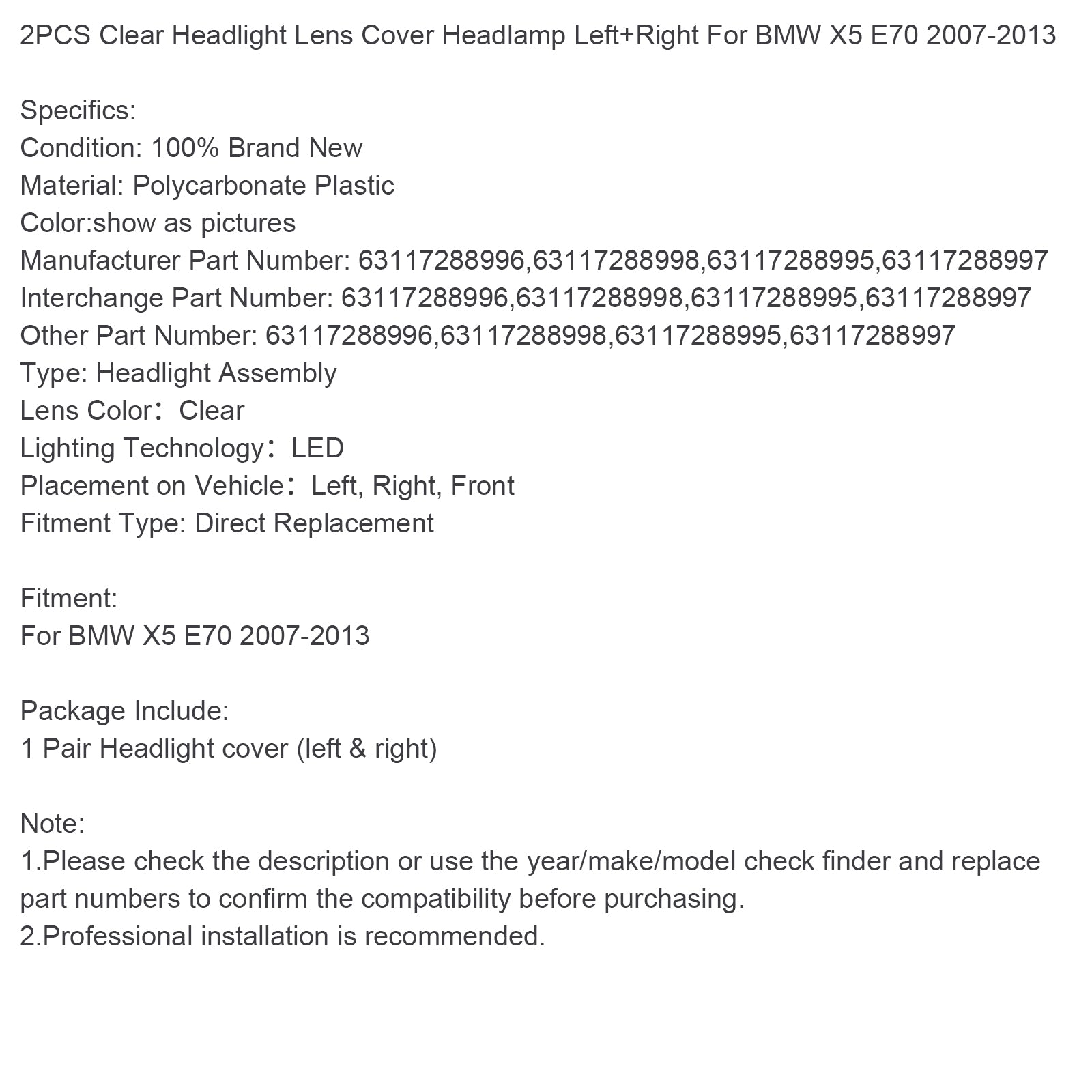 2007-2013 BMW X5 E70 2 STKS Clear Koplamp Lens Cover Koplamp Links + Rechts