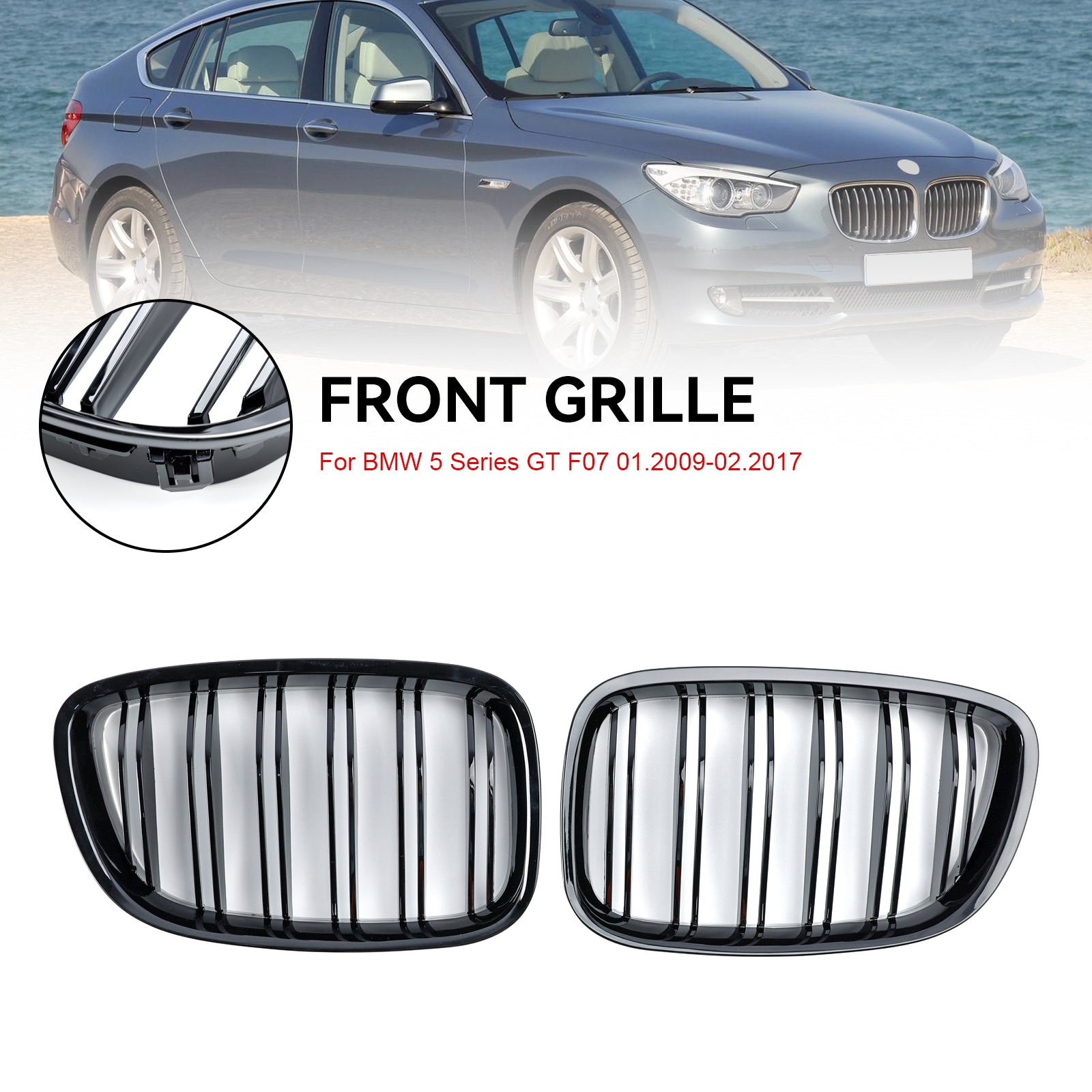 2009-2017 BMW 5 Series GT F07 Gloss Black Front Kidney Grille Grill 51137200169 51137200170