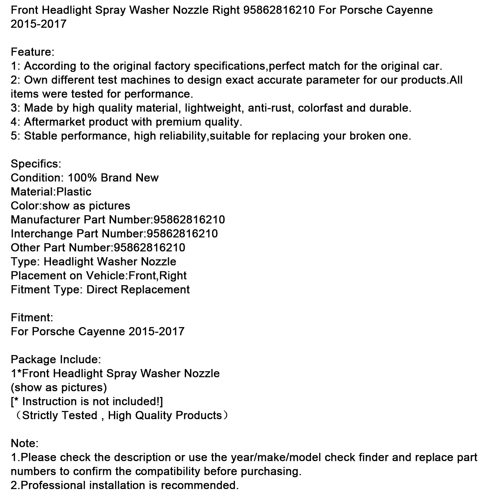 2015-2017 Porsche Cayenne Front Headlight Spray Washer Nozzle Right 95862816210