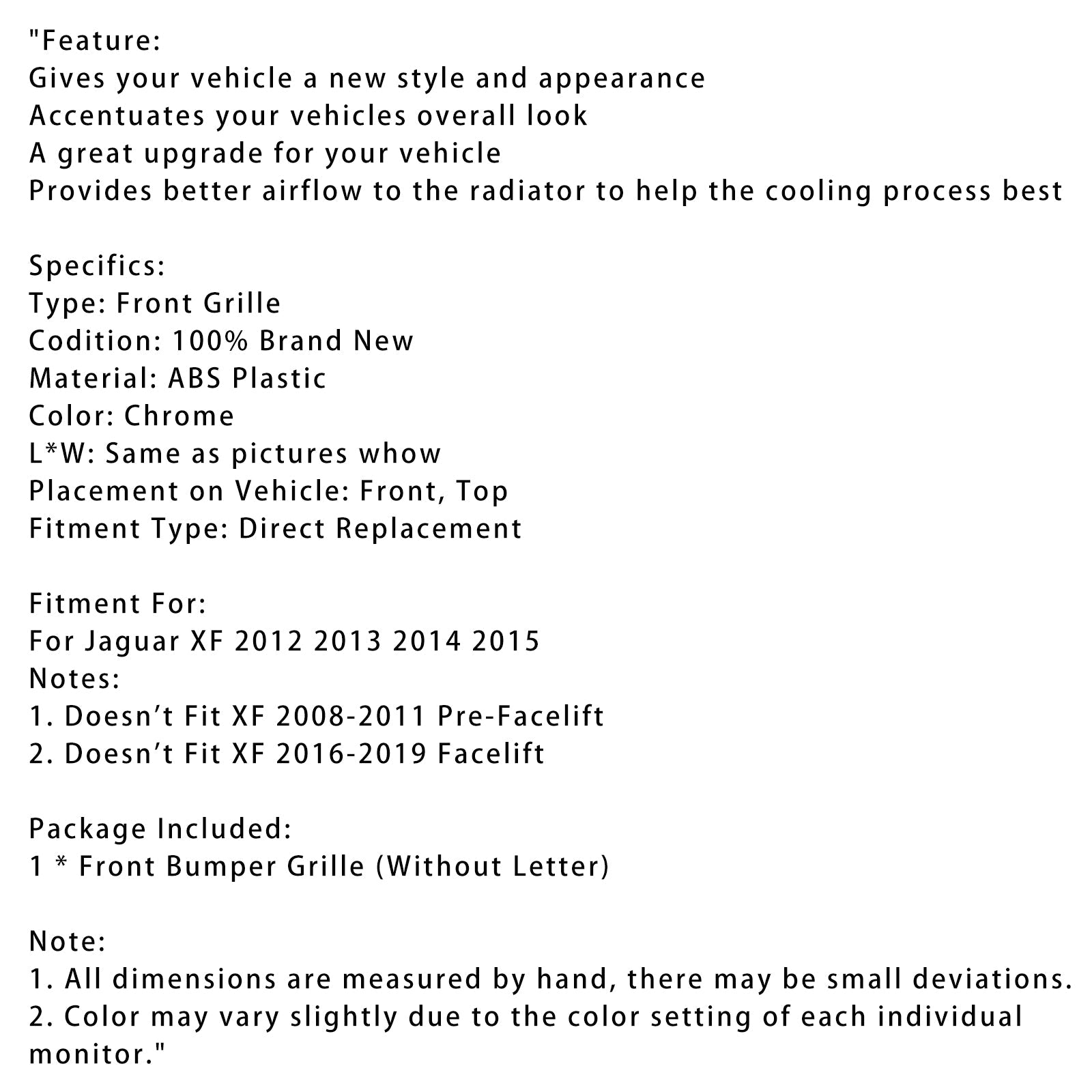 2012 2013 2014 2015 Jaguar XF XF-R Style Front Bumper Grill Grille Chrome