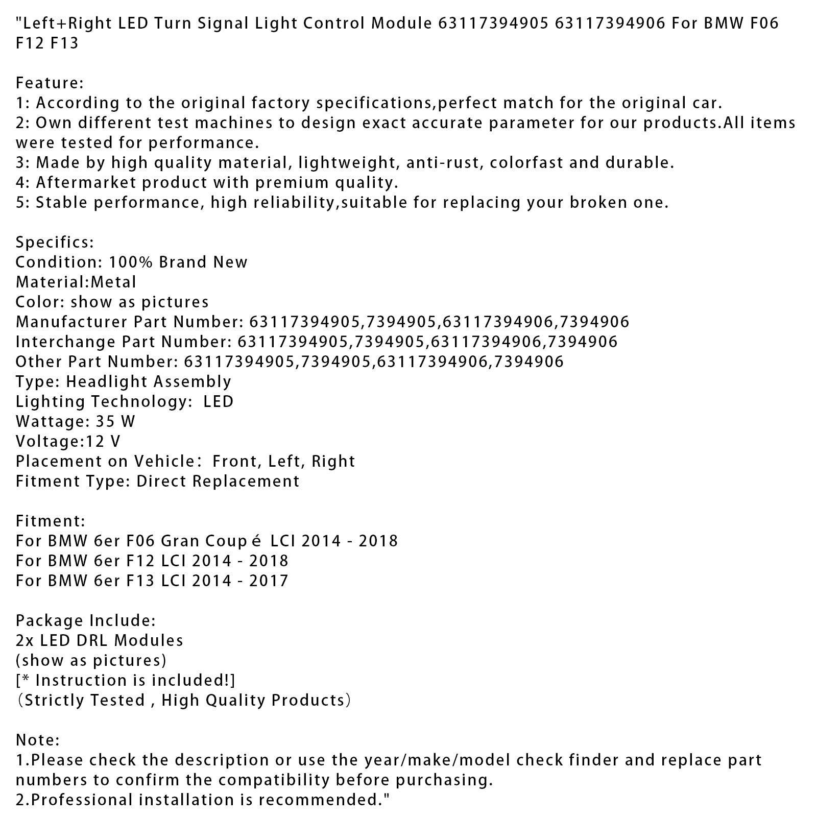 Vänster+Höger LED -blank Signal Ljuskontrollmodul för BMW F06 F12 F13