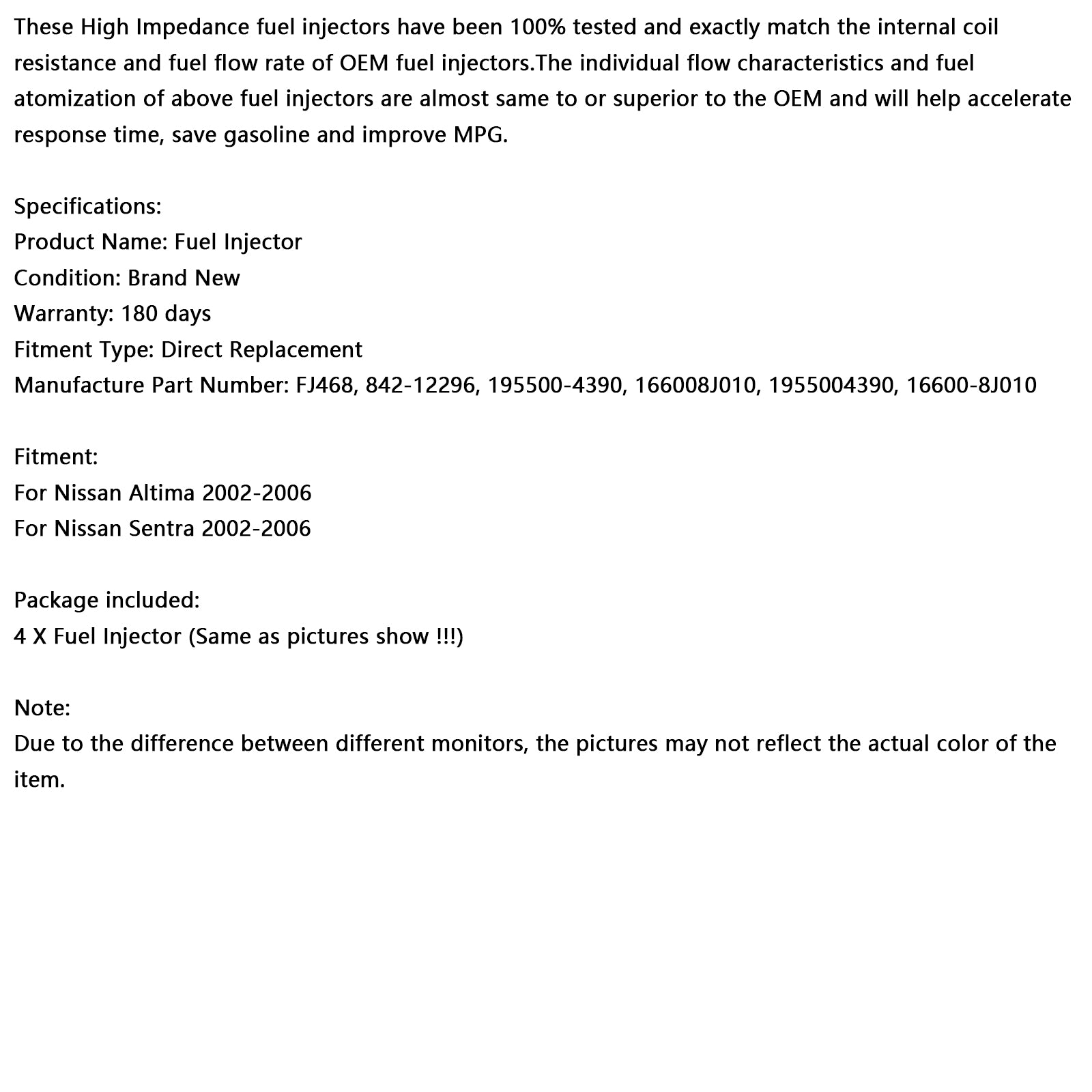 2002-2006 Nissan Altima Sentra 2.5L 4PCS Brandstofinjector 195500-4390