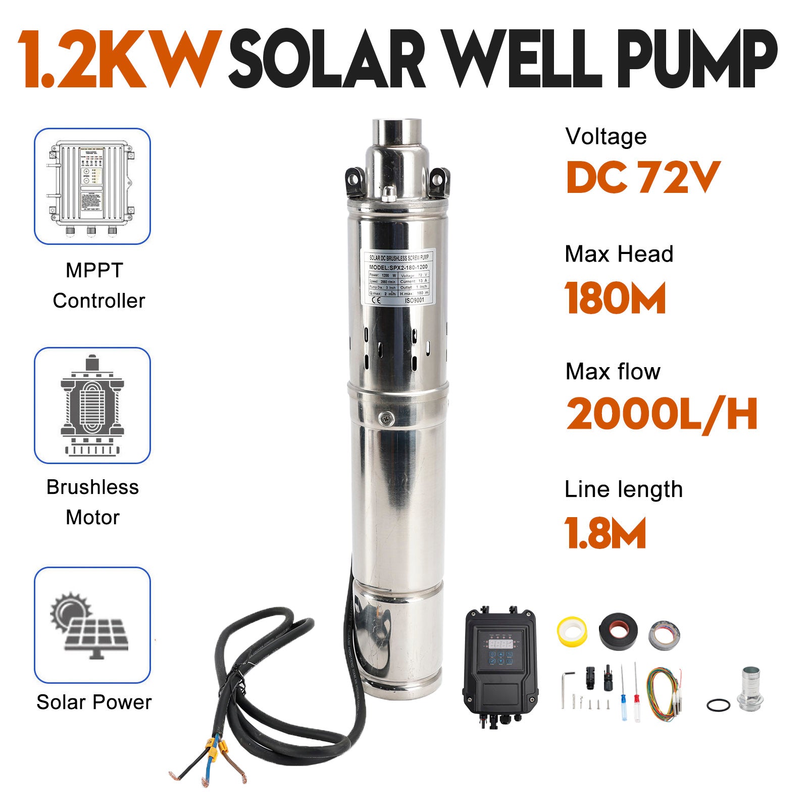 3" 72V 1.2KW Deep Well Solar Submersible Bore Hole Water Pump Head 180M