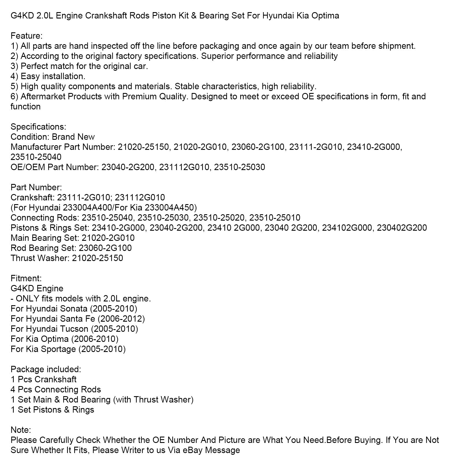 2006-2010 Kia Optima G4KD 2.0L Engine Crankshaft Rods Piston Kit & Bearing Set
