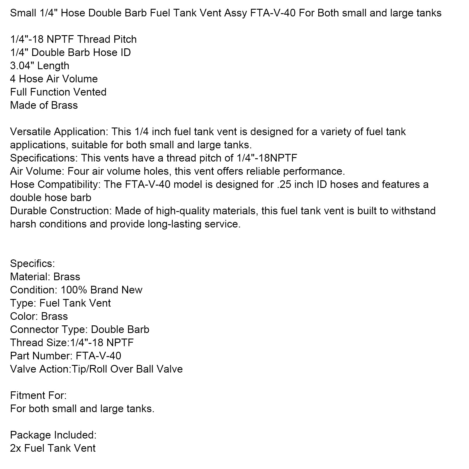 2x 1/4" ID-slange Drivstofftankventil 1/4"-18NPTF-gjenger for både små og store tanker