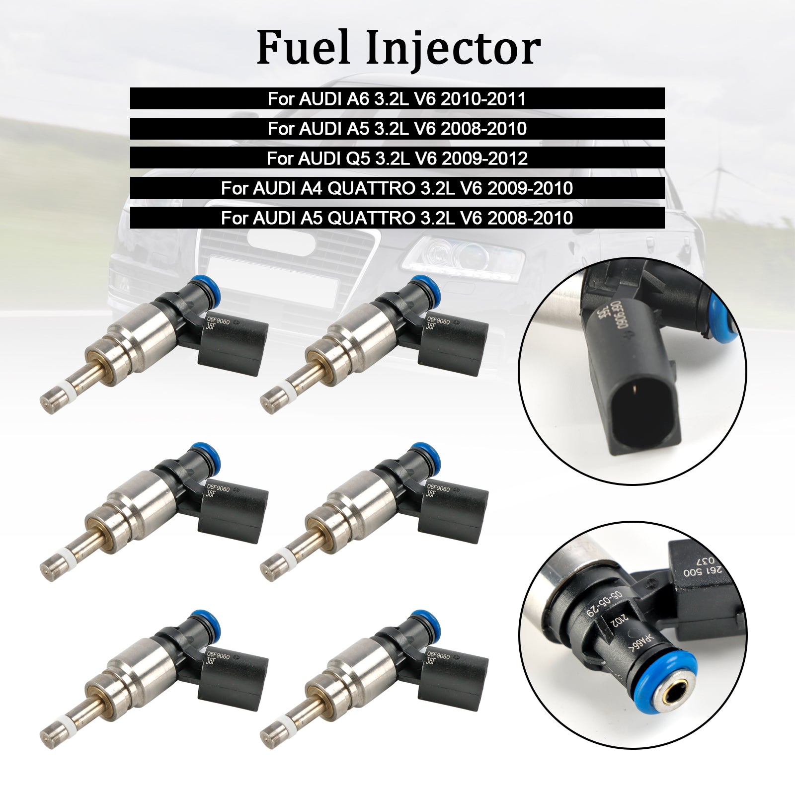 6PCS Fuel Injector 06E906036F Fit Fir Audi Q5 A4 A5 A6 3.2L V6 2008-2011 0261500037